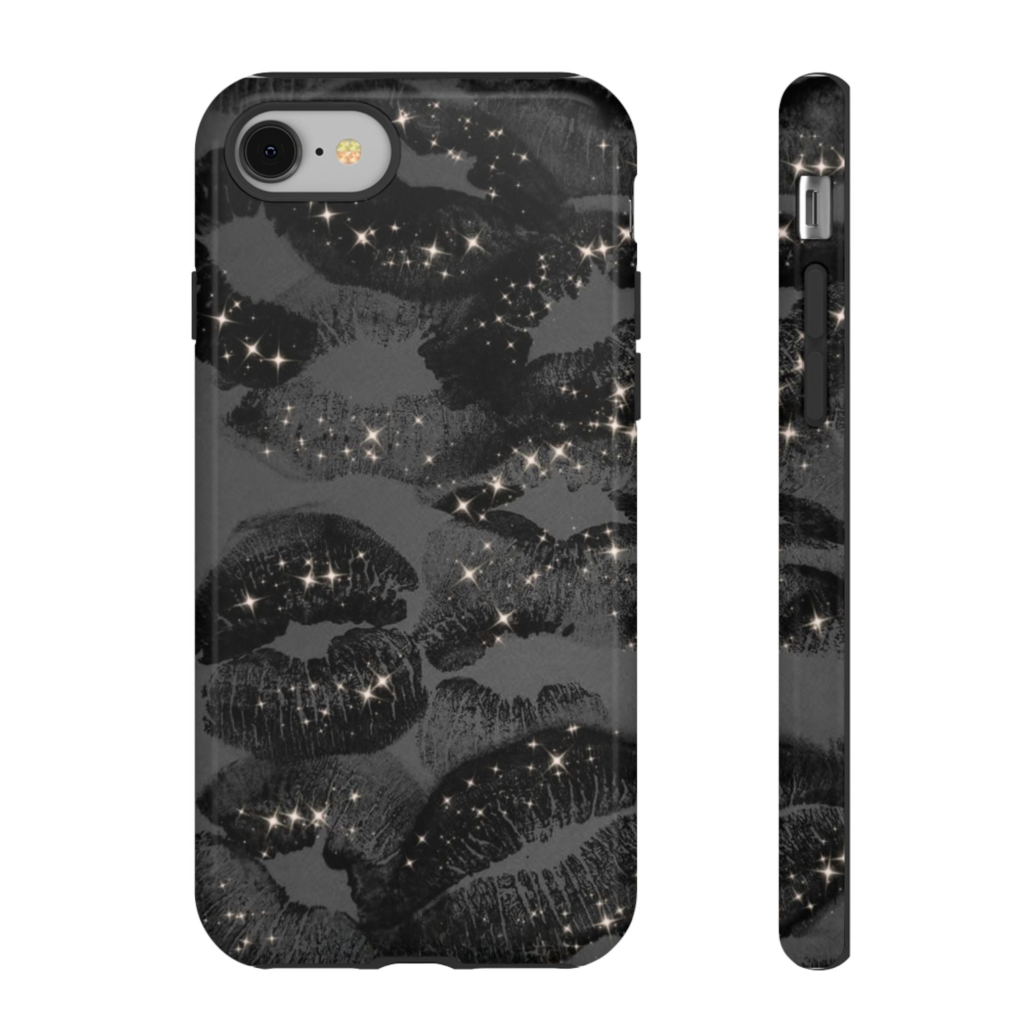 Black Glitter Kiss Phone Case — Sparkling Lip Print Protective Cover