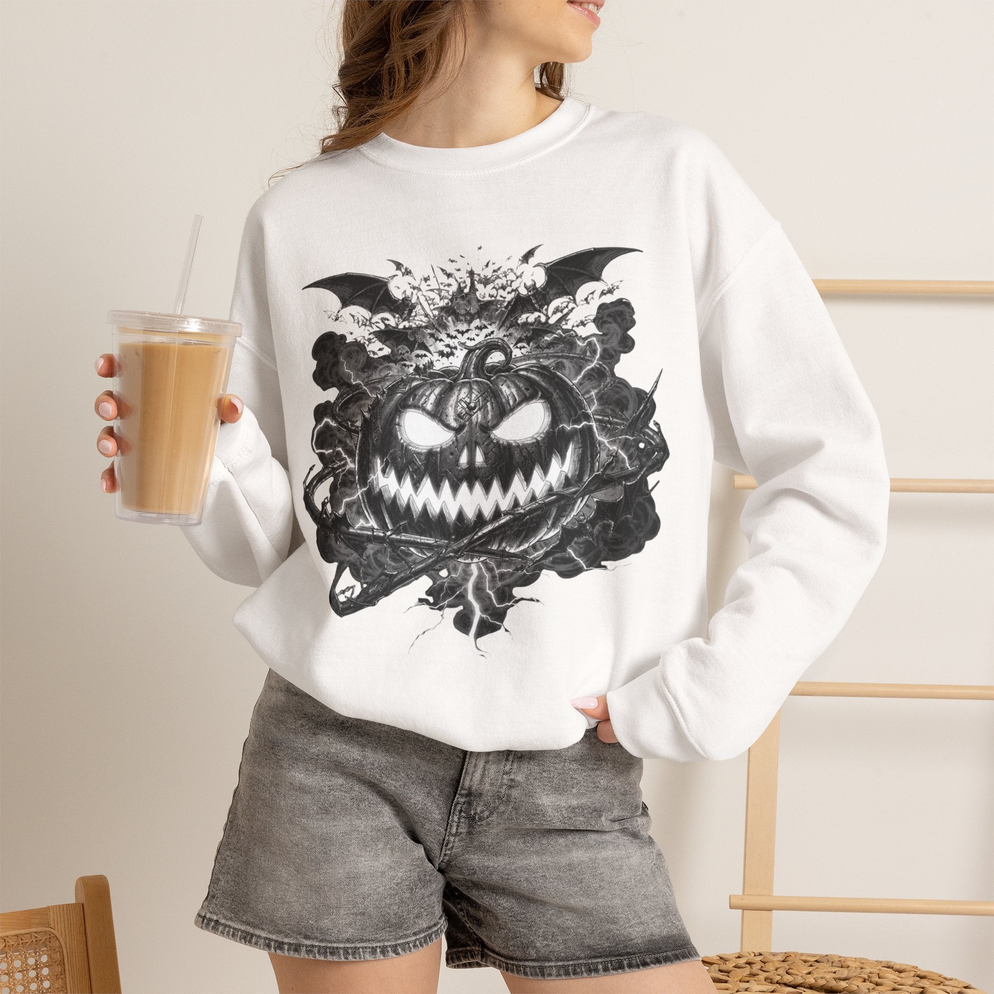 Halloween Pumpkin Crewneck Sweatshirt — Spooky Jack-o'-Lantern Graphic