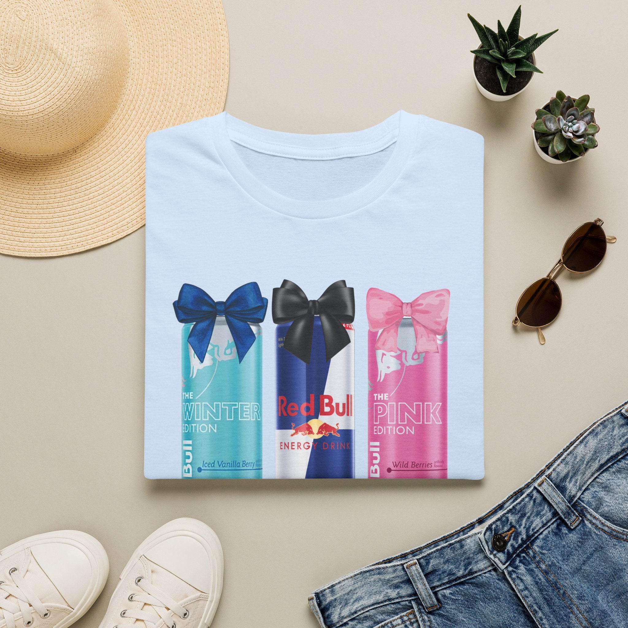 Red Bull Cans Graphic T-Shirt — “First I Need Red Bull” Energy Drink Tee