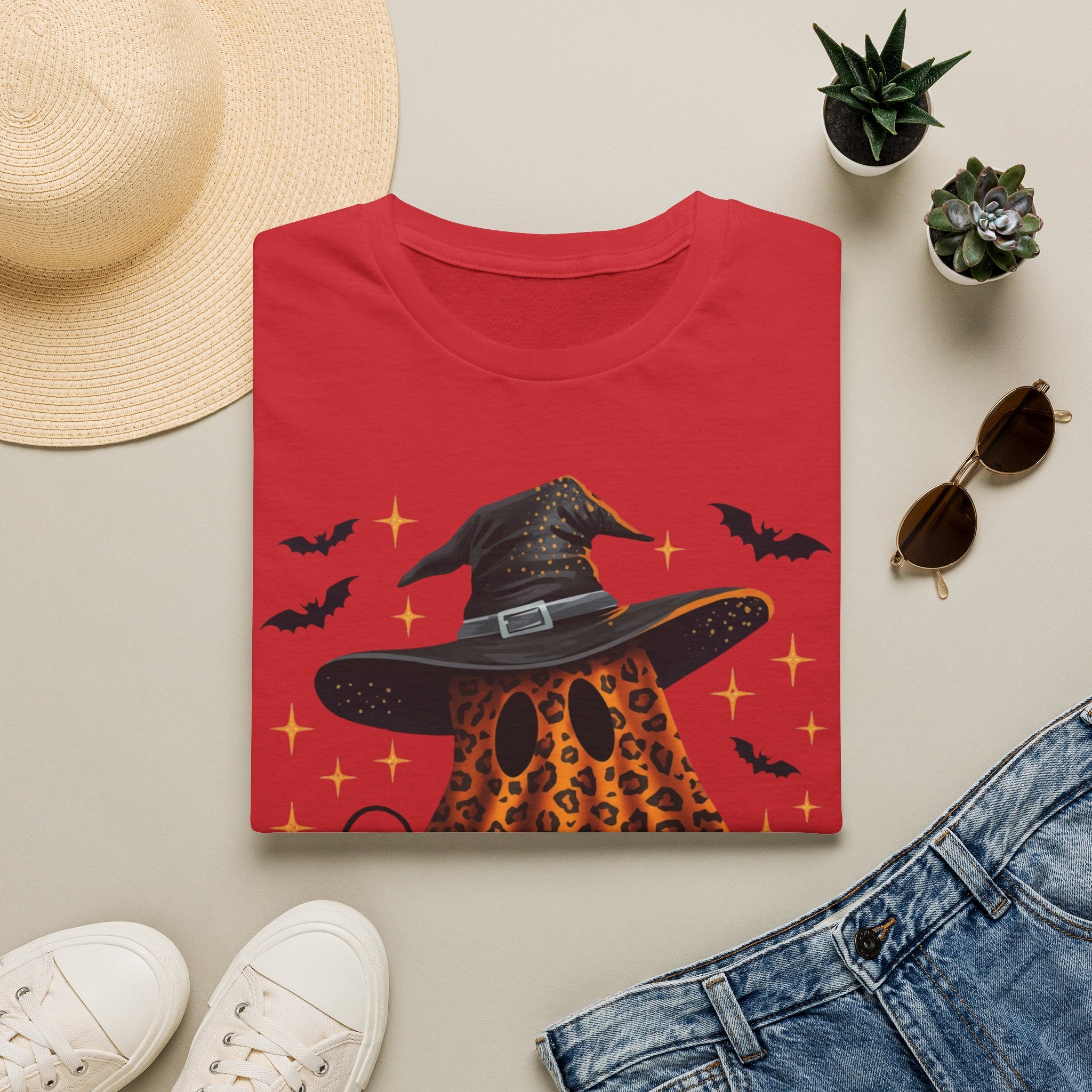 Halloween Leopard Ghost T-Shirt — Witch Hat & Bats Graphic