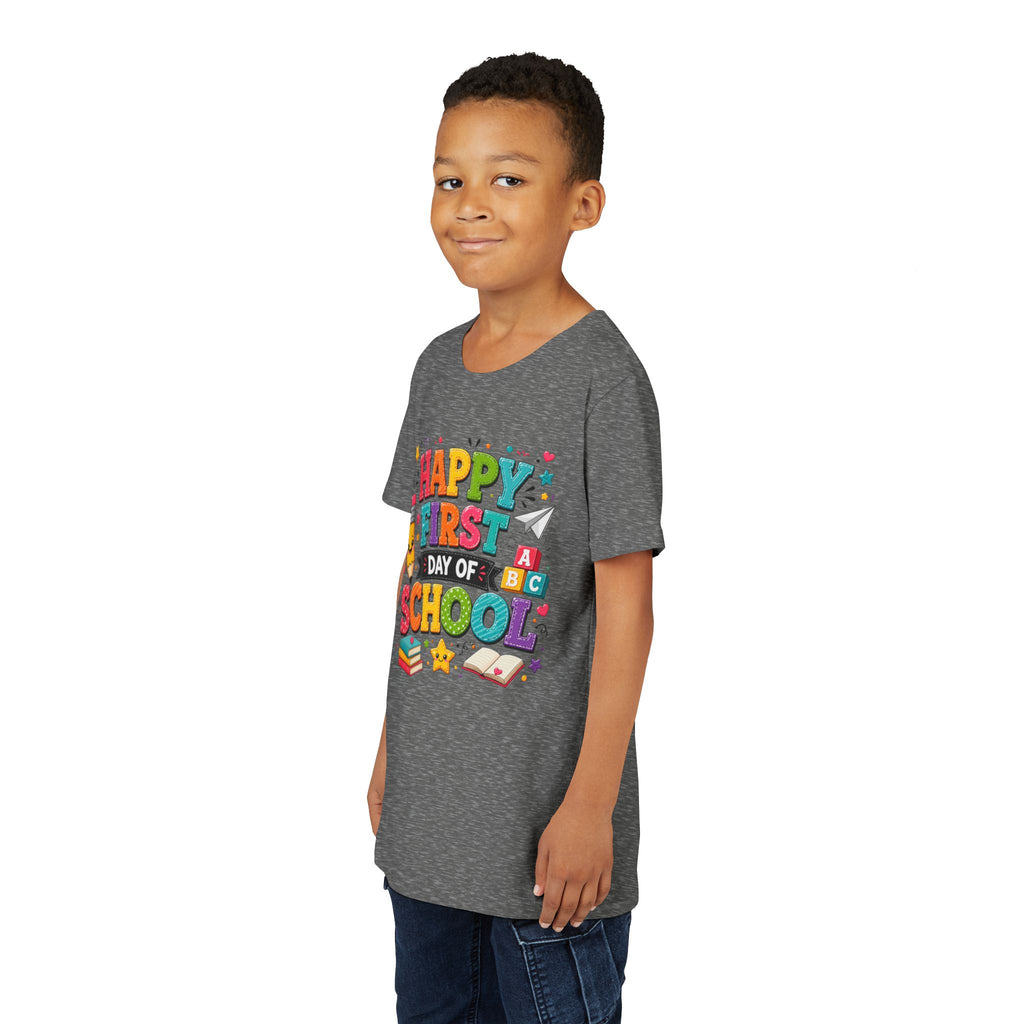 Youth Tee — "Happy First Day of School" Back-to-School Graphic Shirt