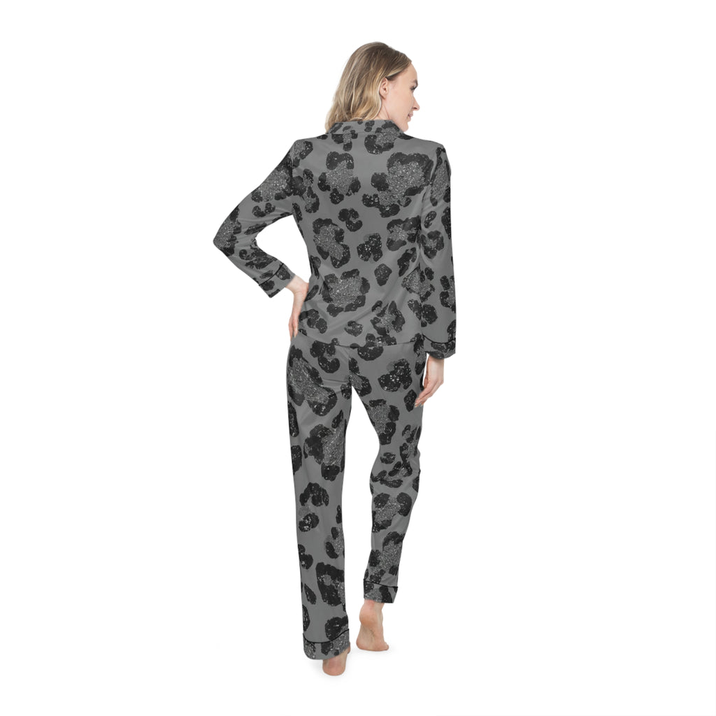 Gray Leopard Satin Pajama Set — Women's Long Sleeve Sleepwear