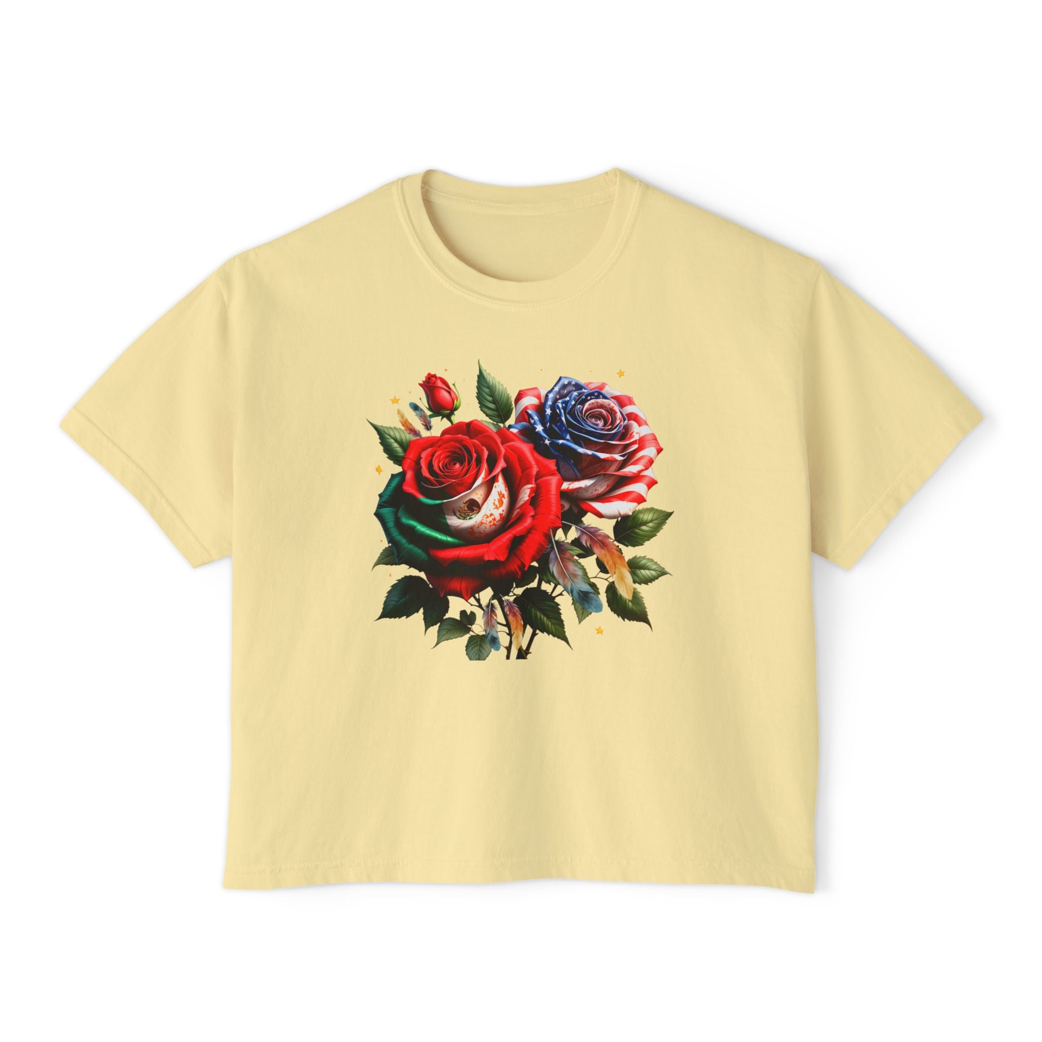 Women’s Boxy Tee — Vintage Red & Blue Rose Floral Graphic