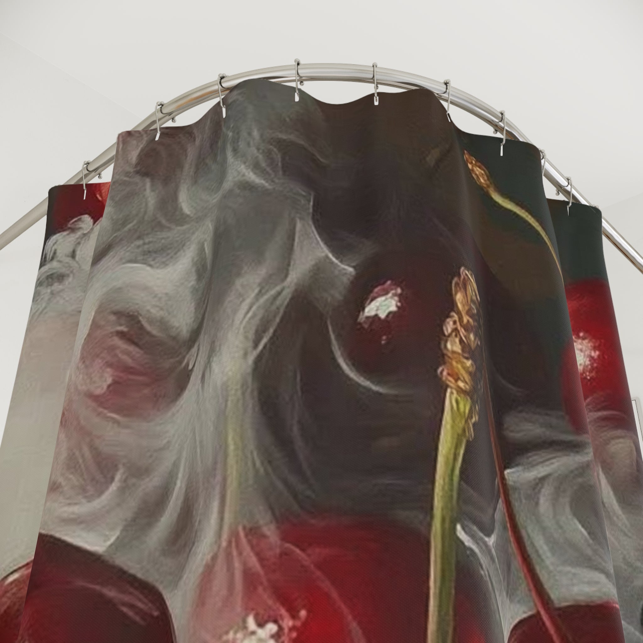 Cherry Smoke Shower Curtain — Dramatic Red Cherry Bathroom Decor