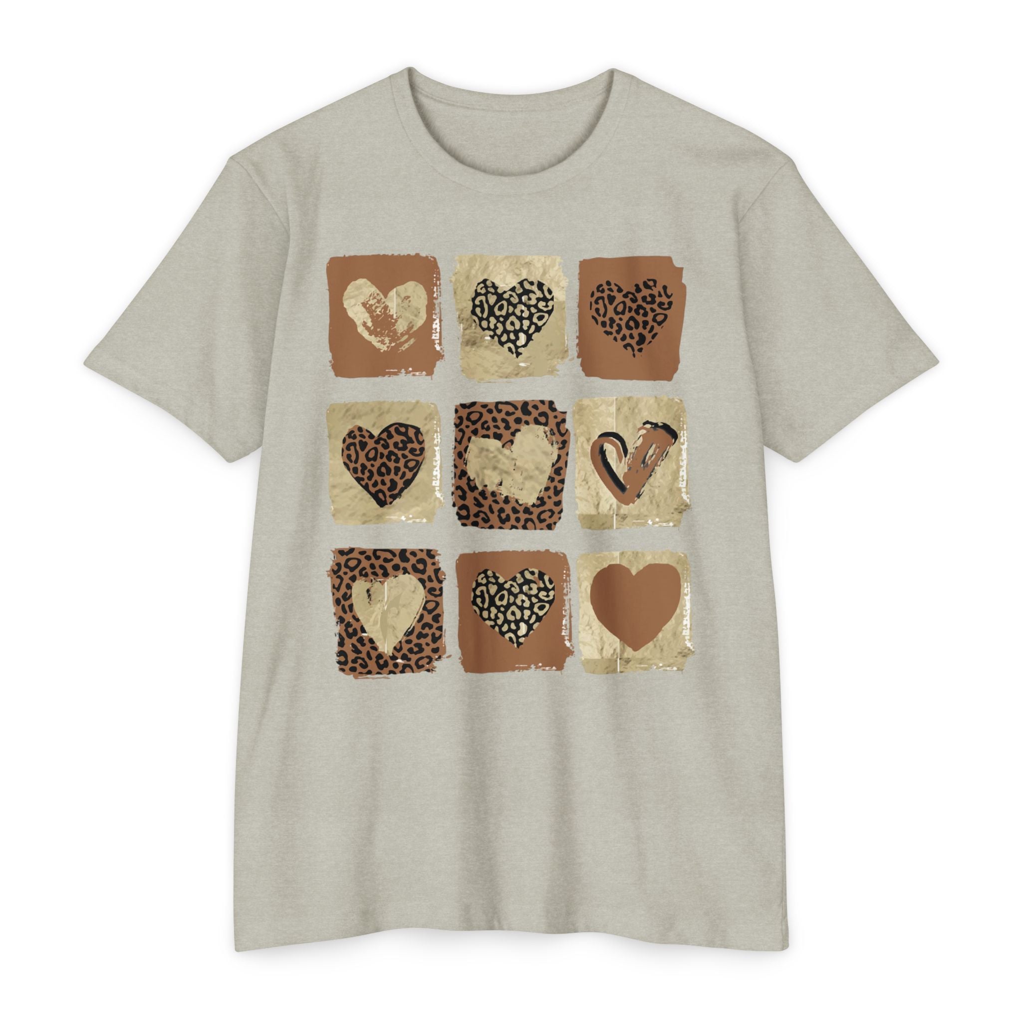 Leopard Hearts T‑Shirt — Neutral Animal Print Heart Grid Tee