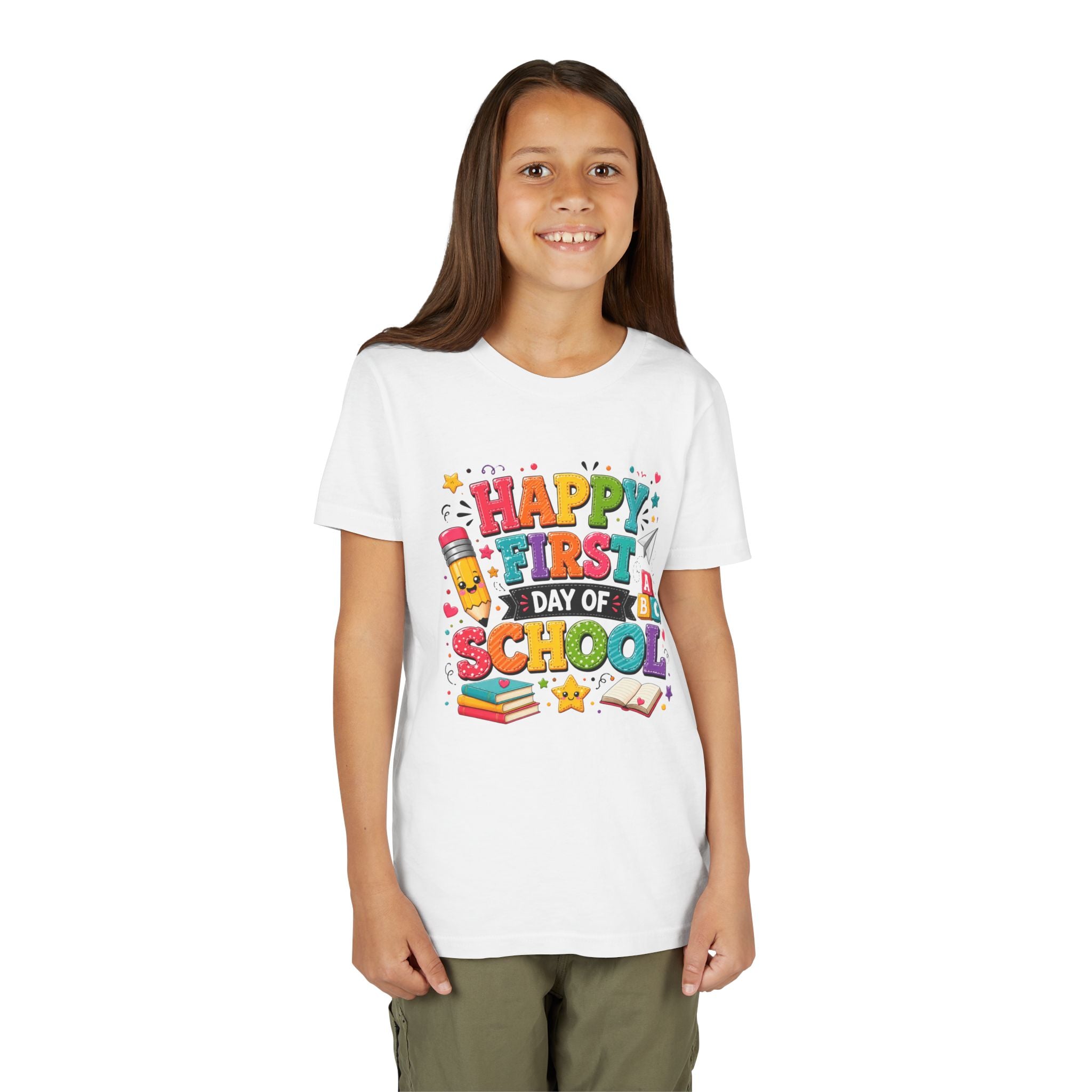 Youth Tee — "Happy First Day of School" Back-to-School Graphic Shirt