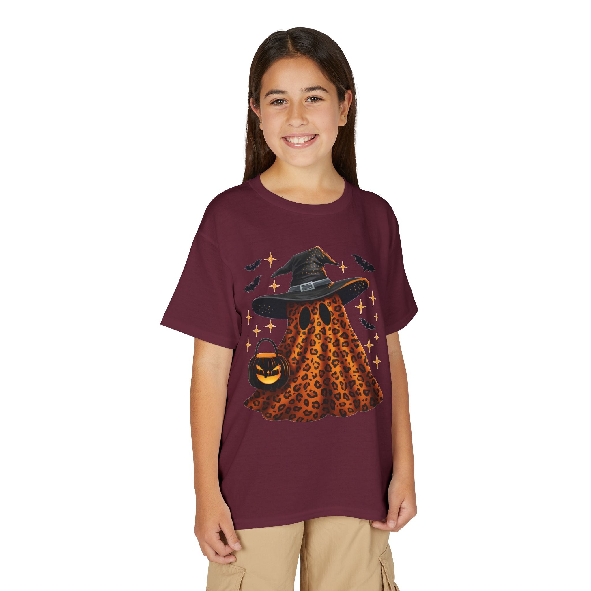 Youth T-Shirt — Leopard Witch Ghost Halloween Tee (Pumpkin Candy Bag, Bats)