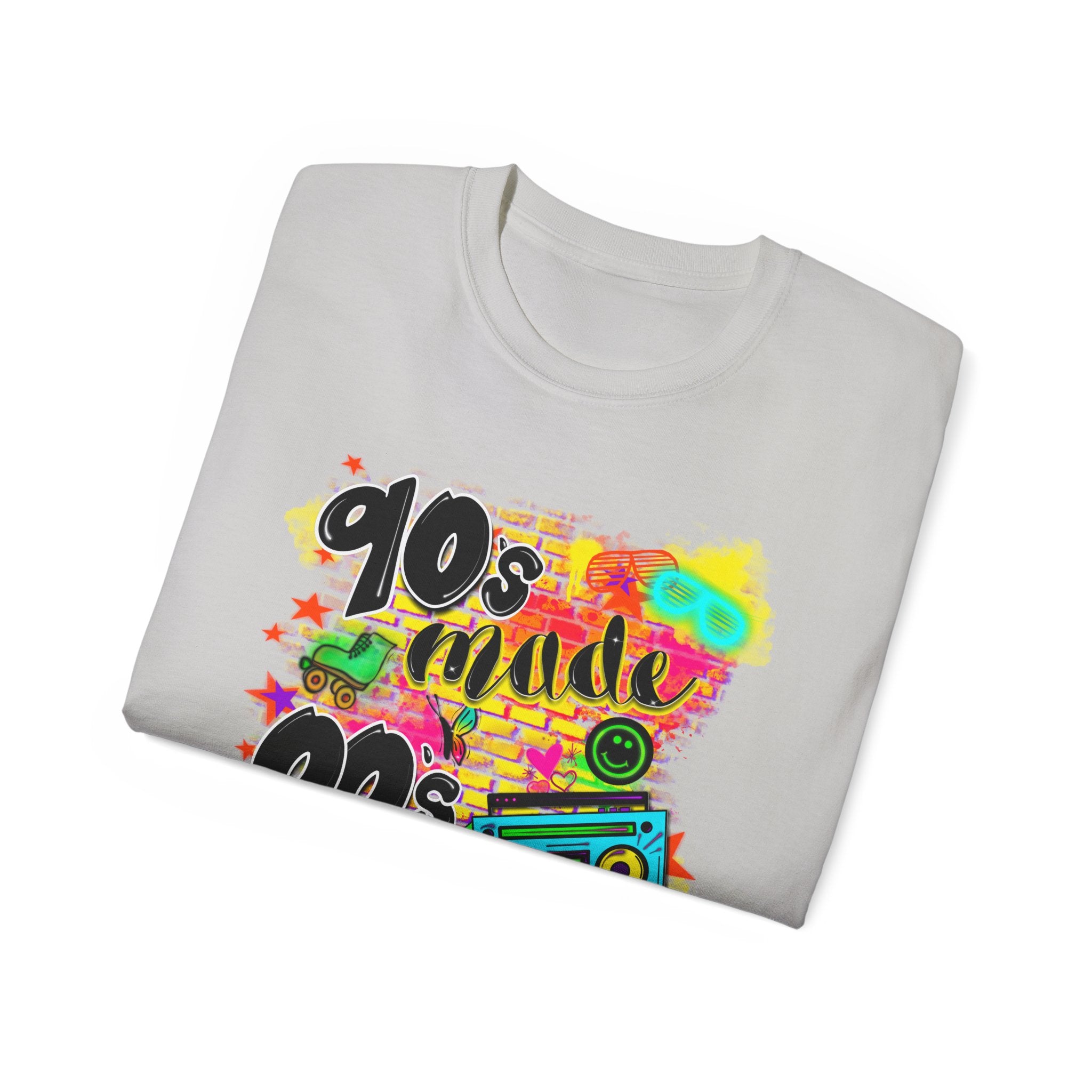 90s Made 00s Raised T-Shirt — Neon Retro Boombox Graphic Tee