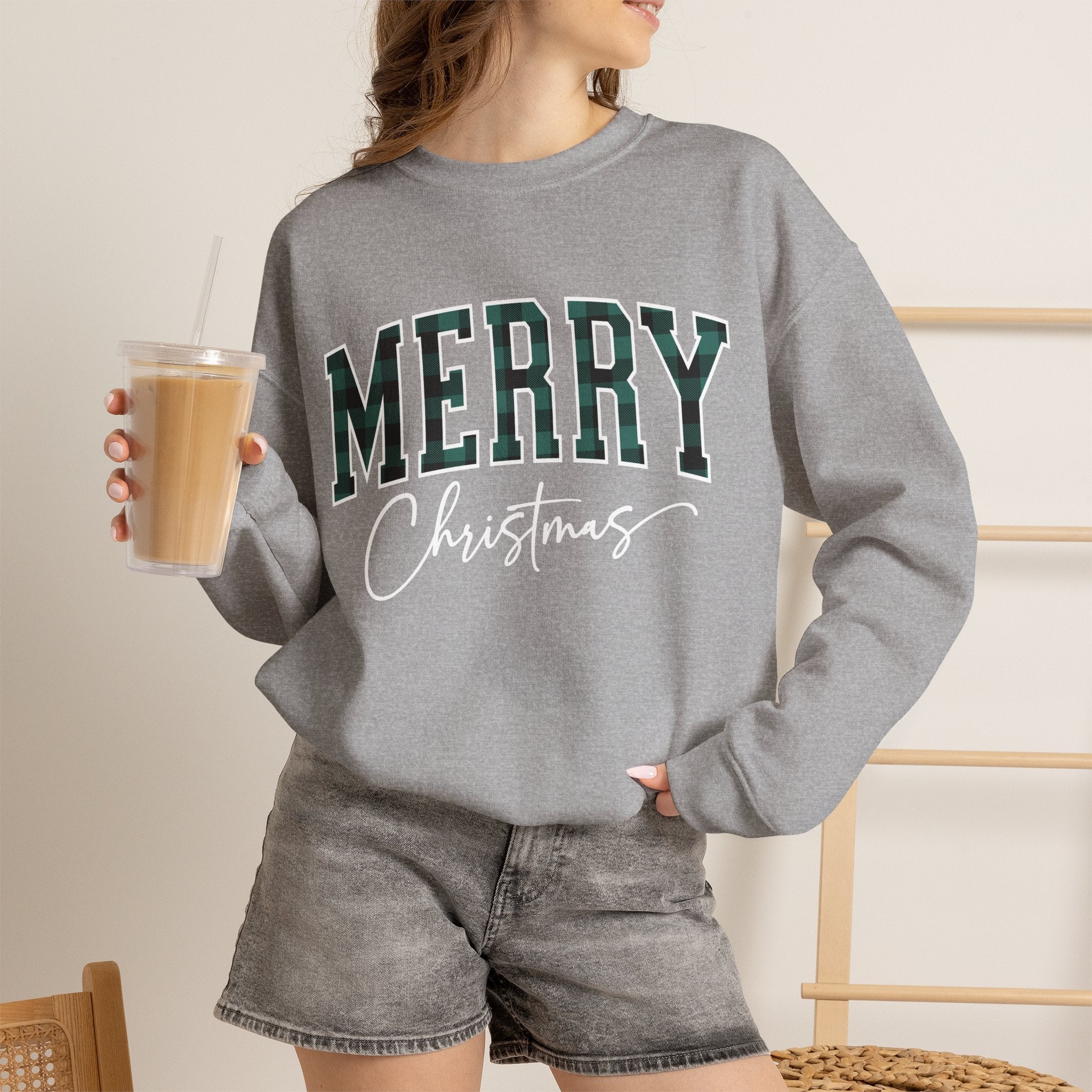 Merry Christmas Crewneck Sweatshirt – Plaid Holiday Graphic Crew