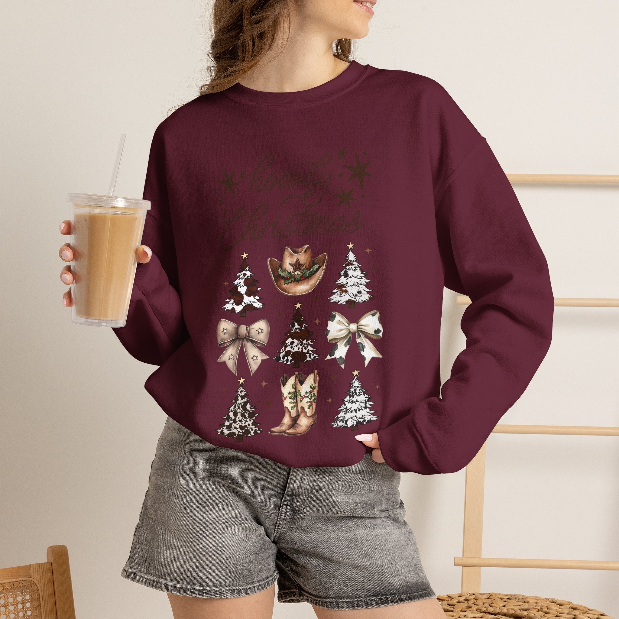 Howdy Christmas Sweatshirt — Western Cowboy Holiday Crewneck with Boots & Trees