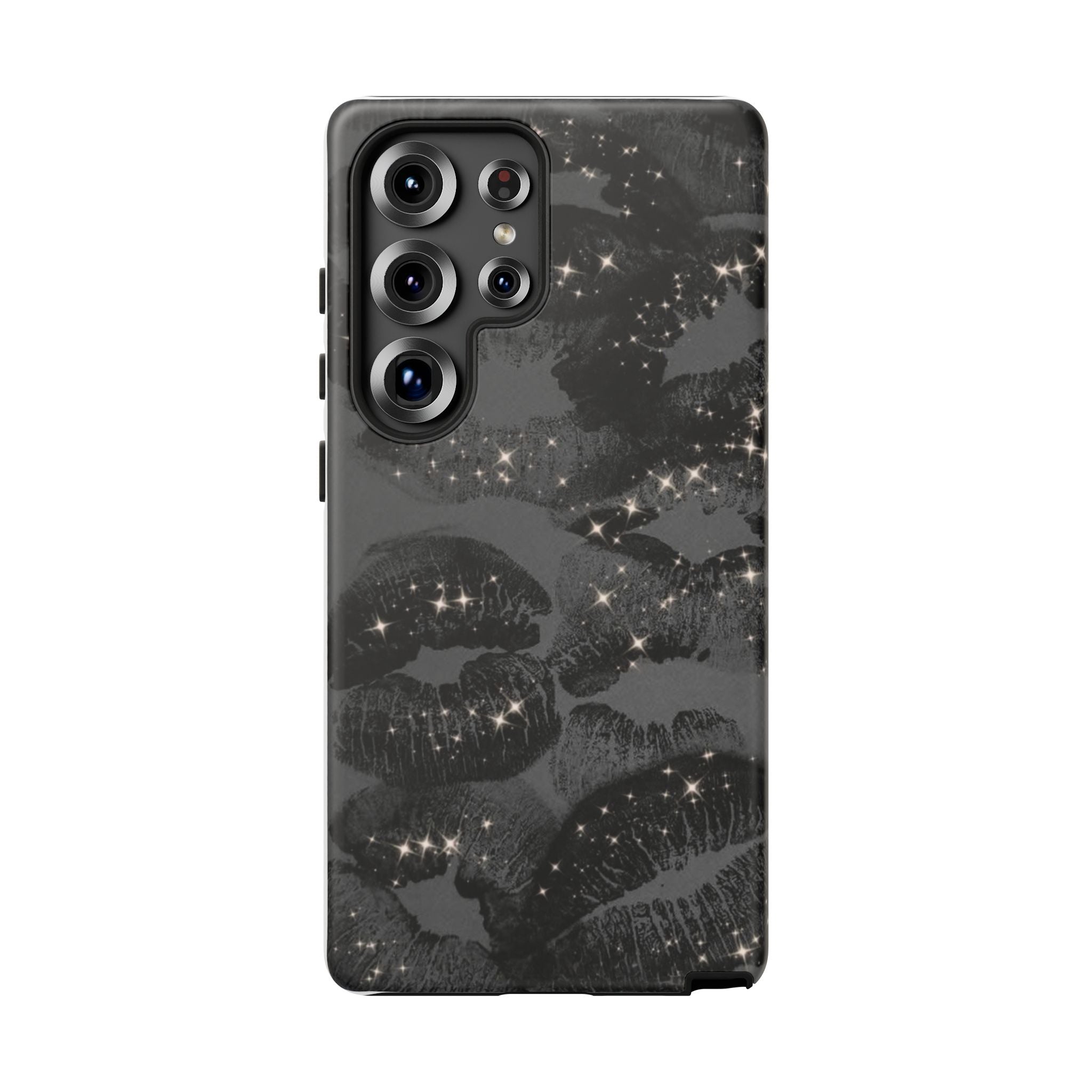Black Glitter Kiss Phone Case — Sparkling Lip Print Protective Cover