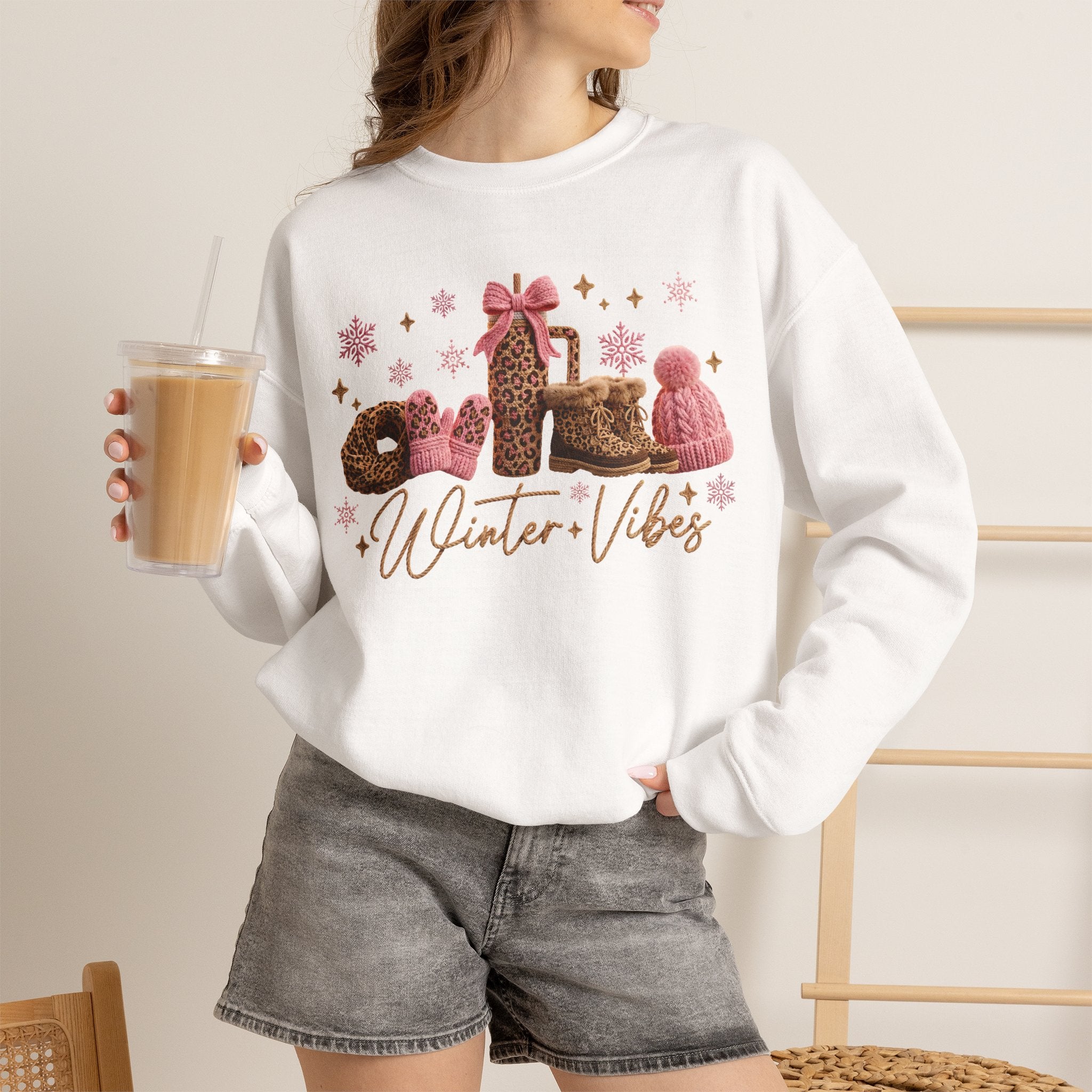 Crewneck Sweatshirt — 'Winter Vibes' Cozy Leopard Print Holiday Design