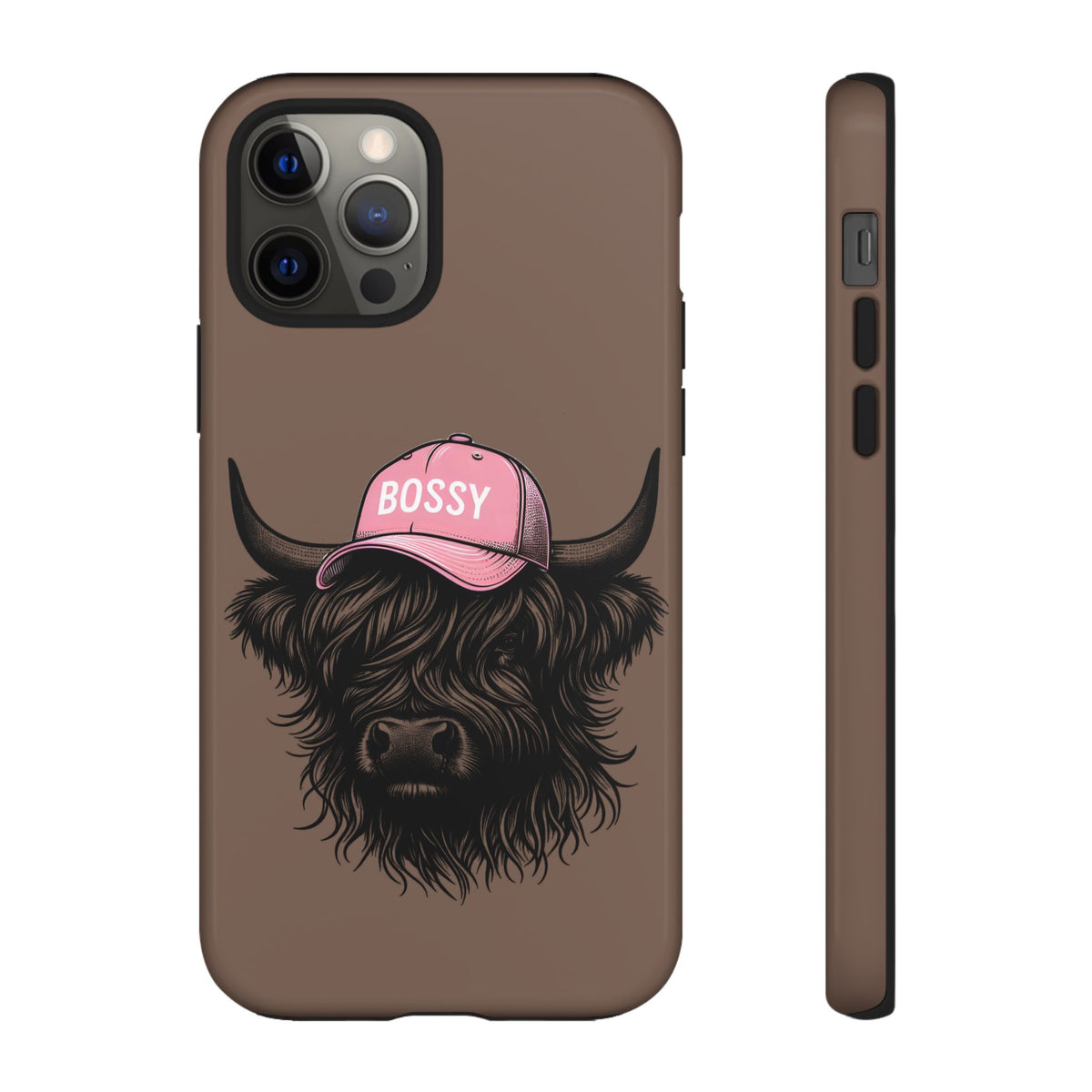 Phone Case — Highland Cow Wearing 'BOSSY' Pink Hat, Cute Farm Animal Protective Cover