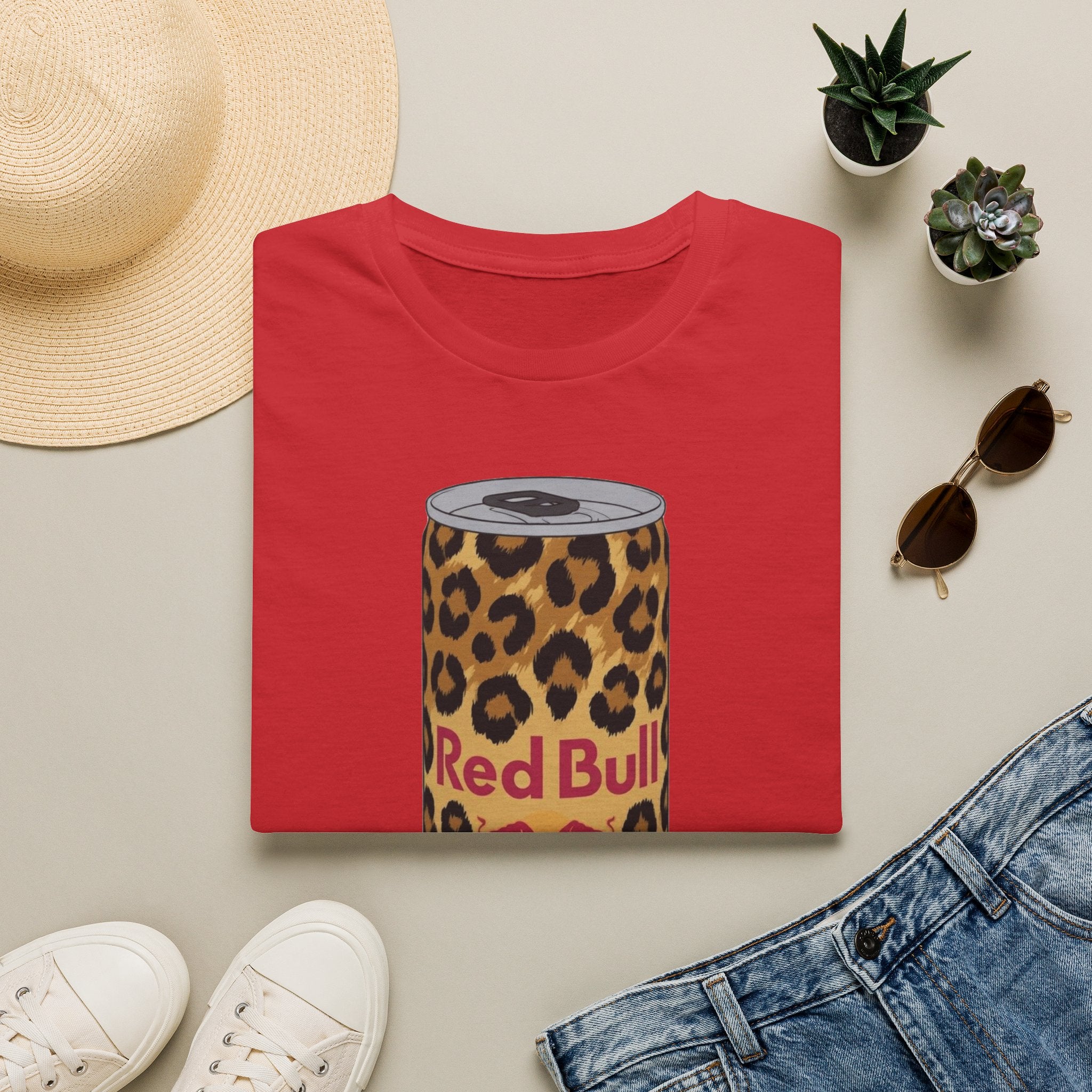 Leopard Print Red Bull Can T‑Shirt — Energy Drink Graphic Tee
