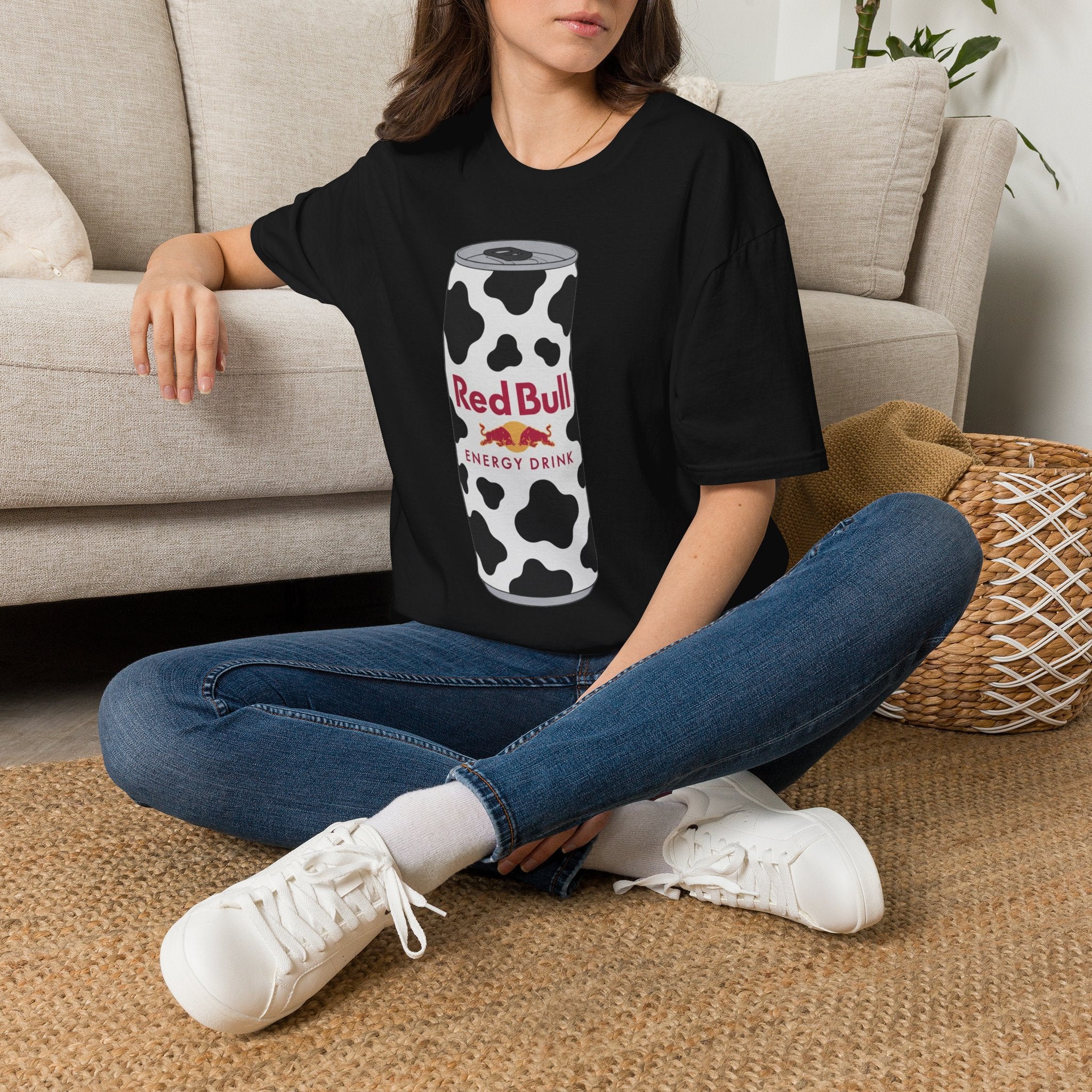 Red Bull Cow Print T-Shirt — Funny Energy Drink Graphic Tee