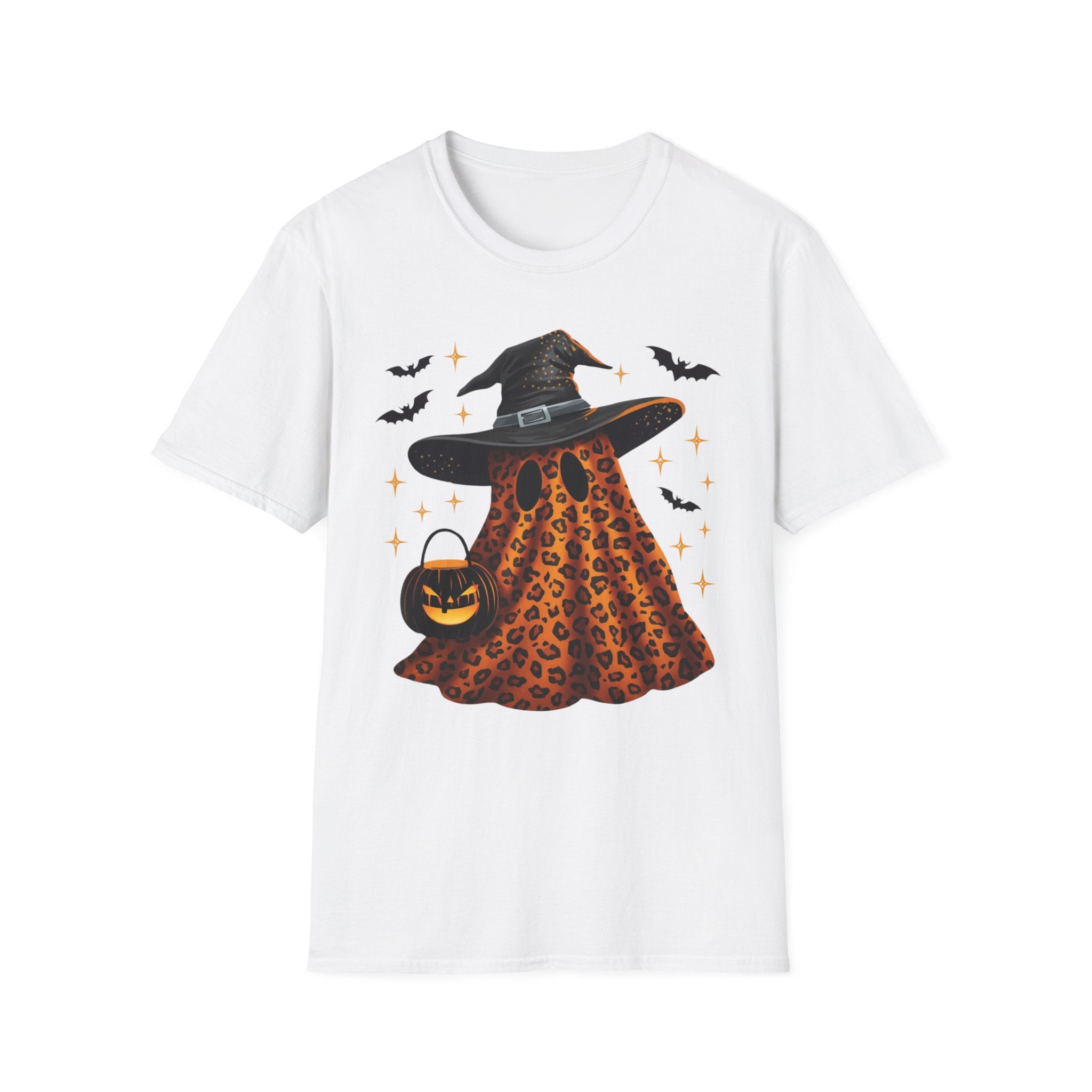 Halloween Leopard Ghost T-Shirt — Witch Hat & Bats Graphic
