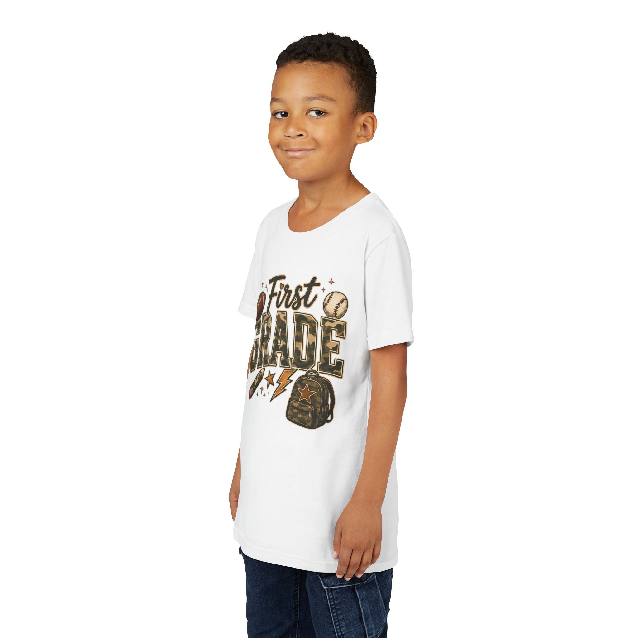 First Grade Kids T‑Shirt — Back to School Sports Backpack Design