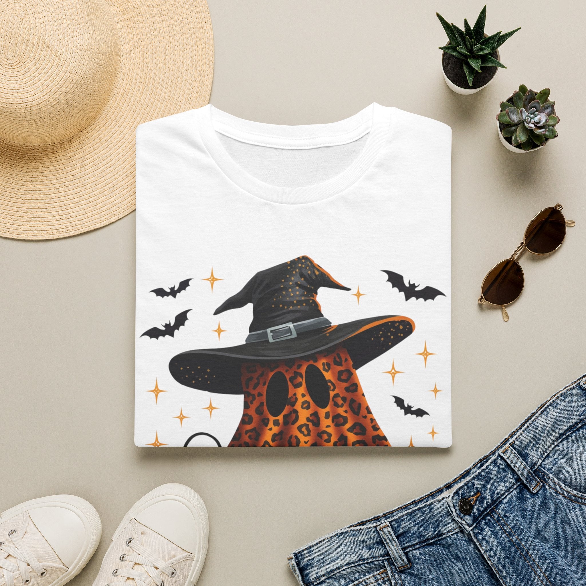 Halloween Leopard Ghost T-Shirt — Witch Hat & Bats Graphic