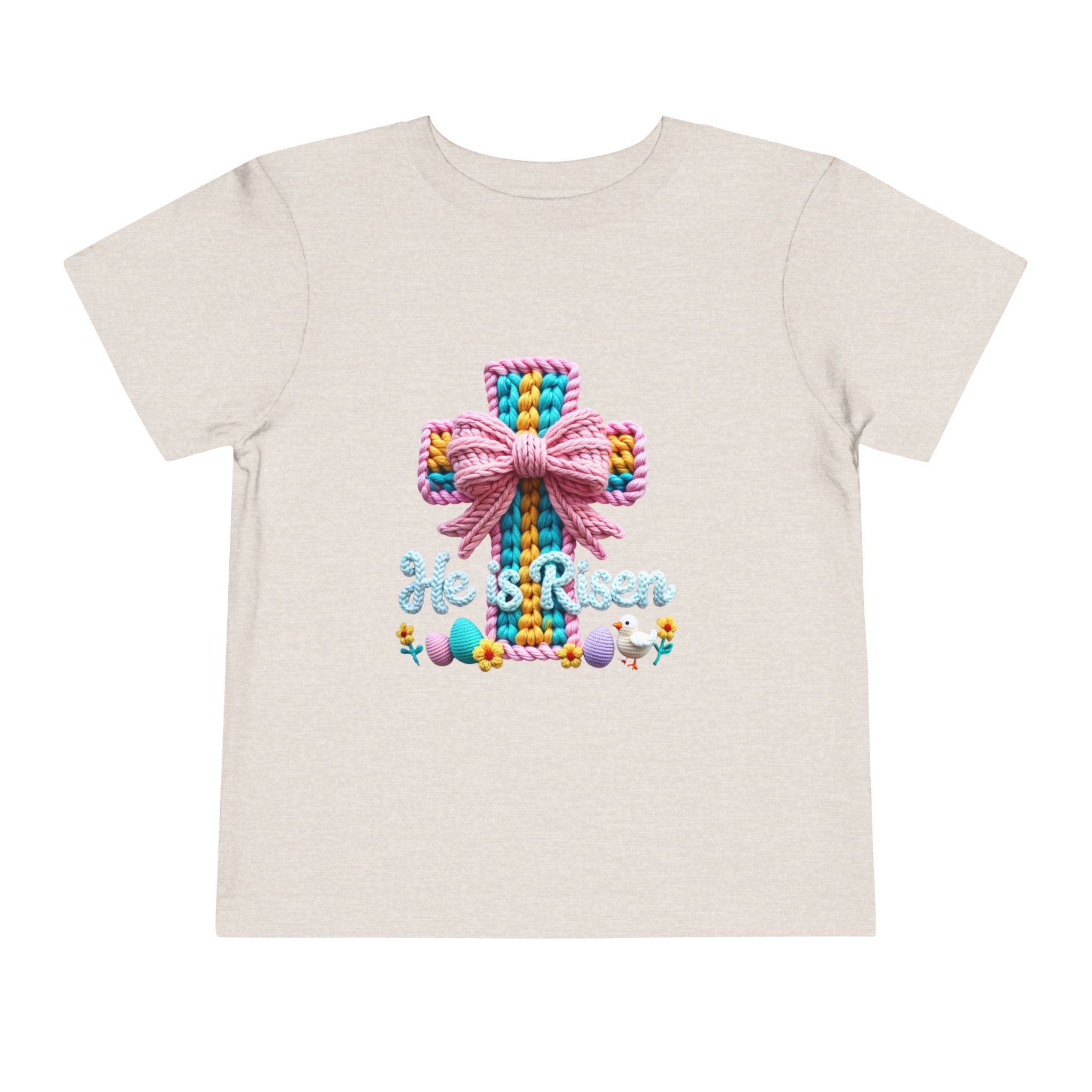 Easter Cross Toddler Tee — Colorful Knit Cross with "He is Risen" & Easter Eggs