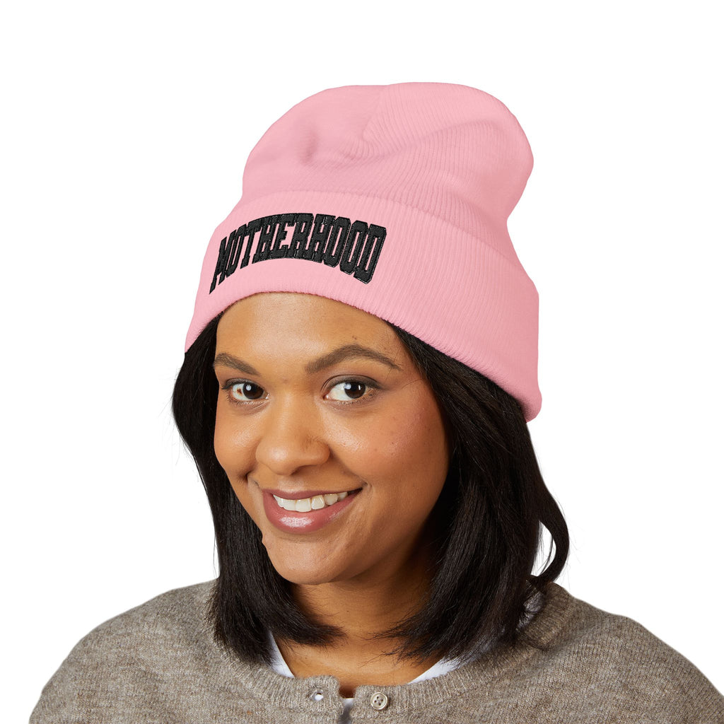 Motherhood Embroidered Cuffed Beanie — Cozy Mom Knit Hat