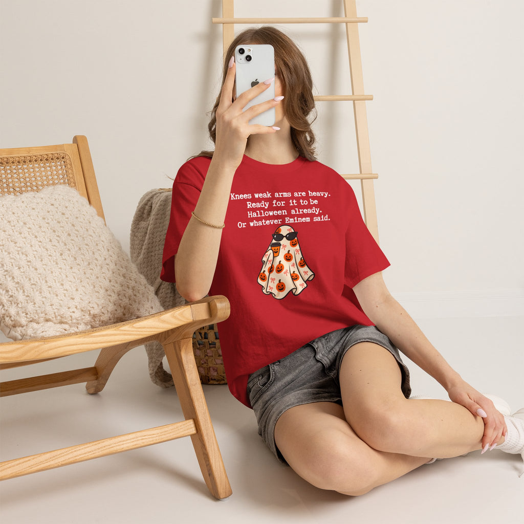 Funny Halloween Ghost T‑Shirt – "Knees Weak Arms Are Heavy" Pumpkin Ghost Tee