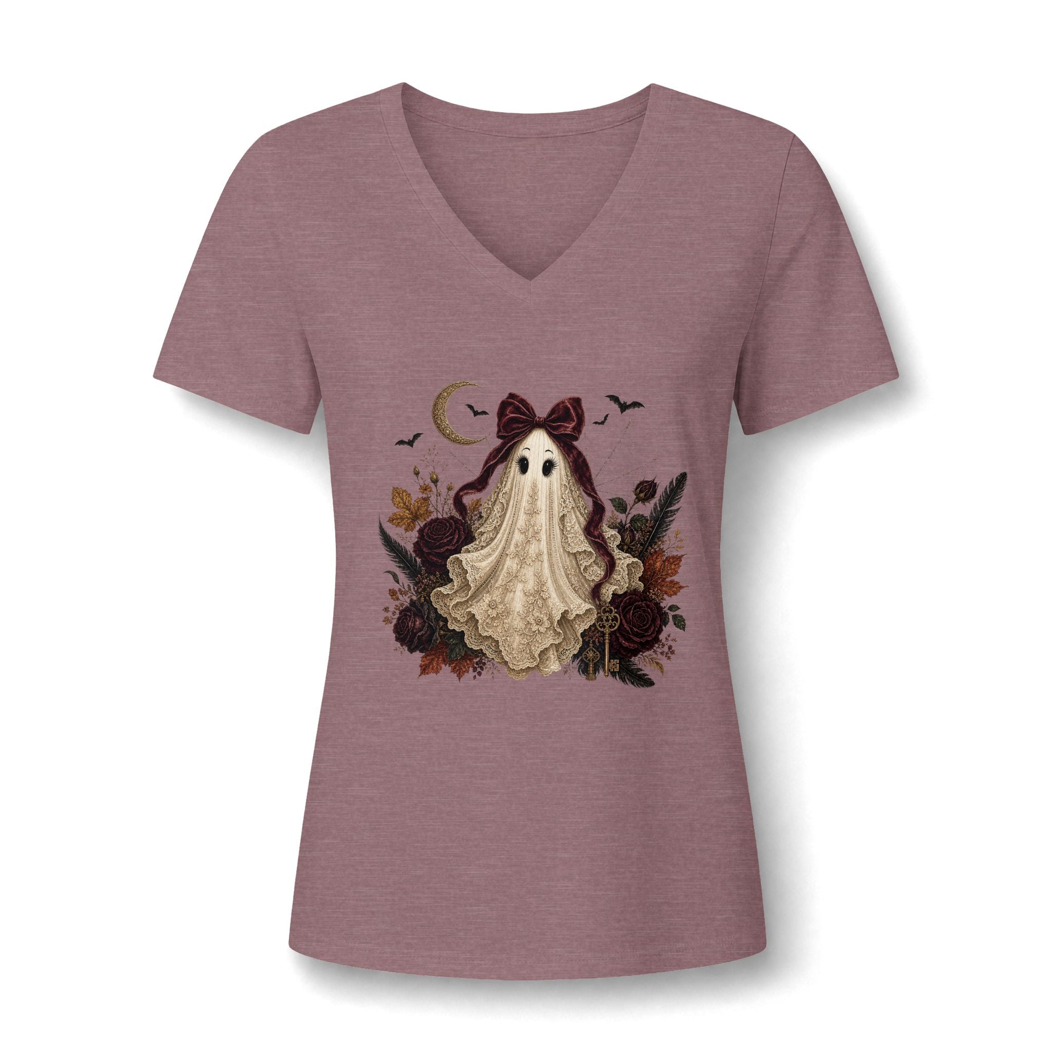 Ghost Girl V-Neck Tee — Cute Vintage Halloween Ghost Design