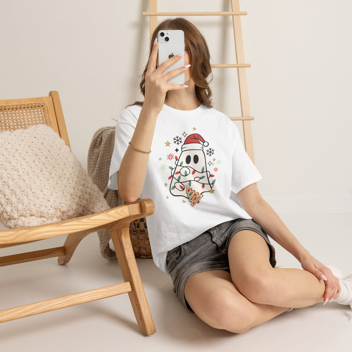 Christmas Ghost T-Shirt — Cute Haunted Holiday Tee with Santa Hat & Lights