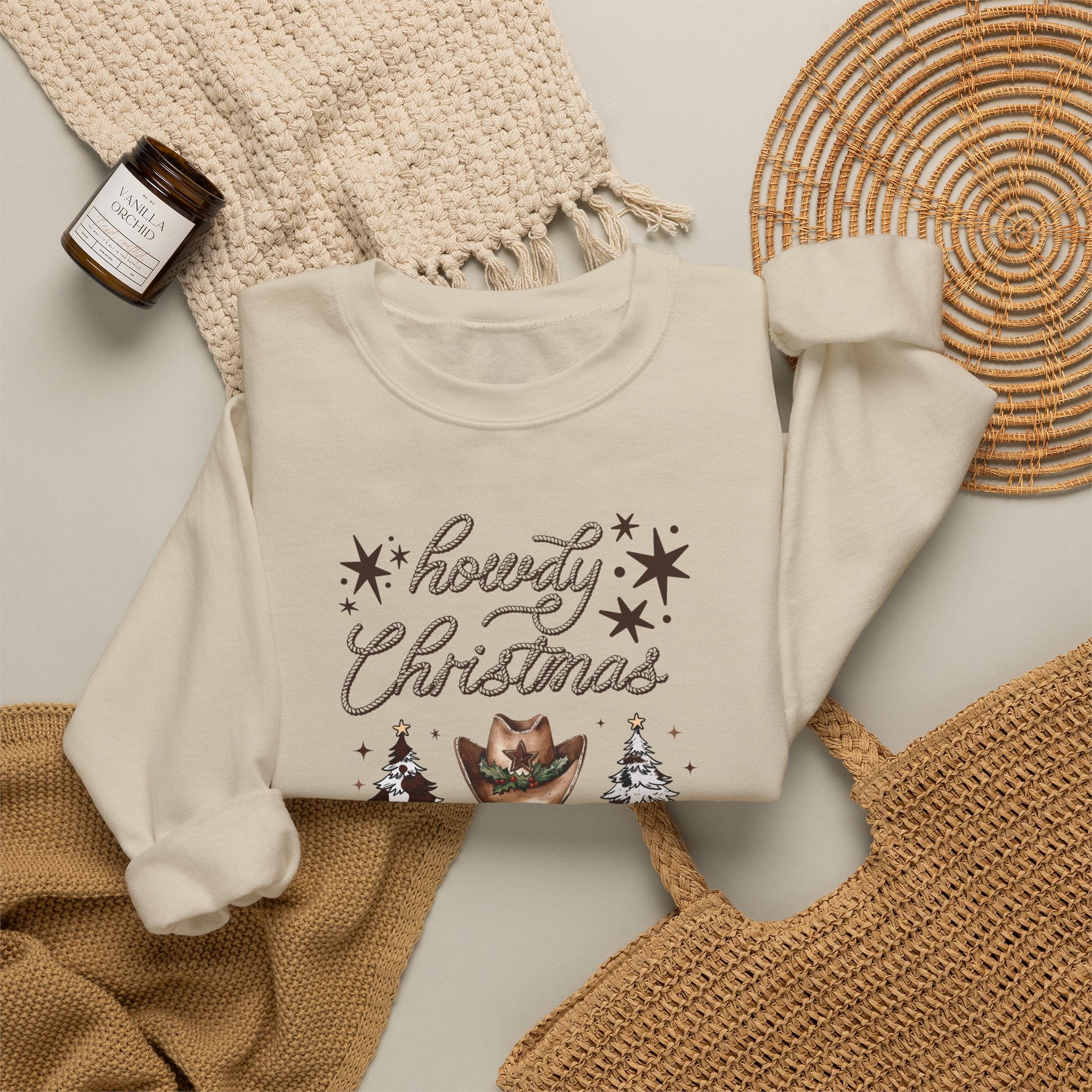Howdy Christmas Sweatshirt — Western Cowboy Holiday Crewneck with Boots & Trees