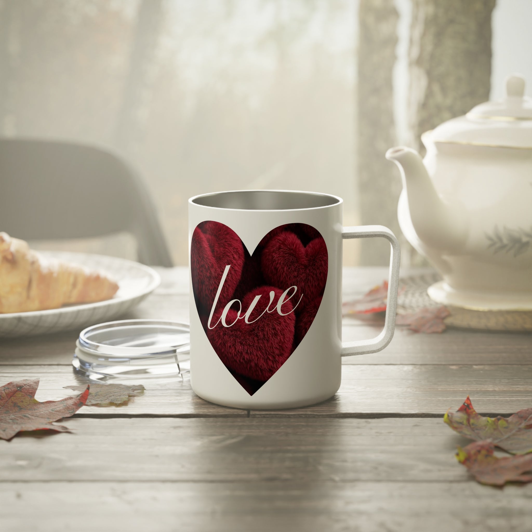 Red Fuzzy Heart love Insulated Coffee Mug | 10oz Travel Mug