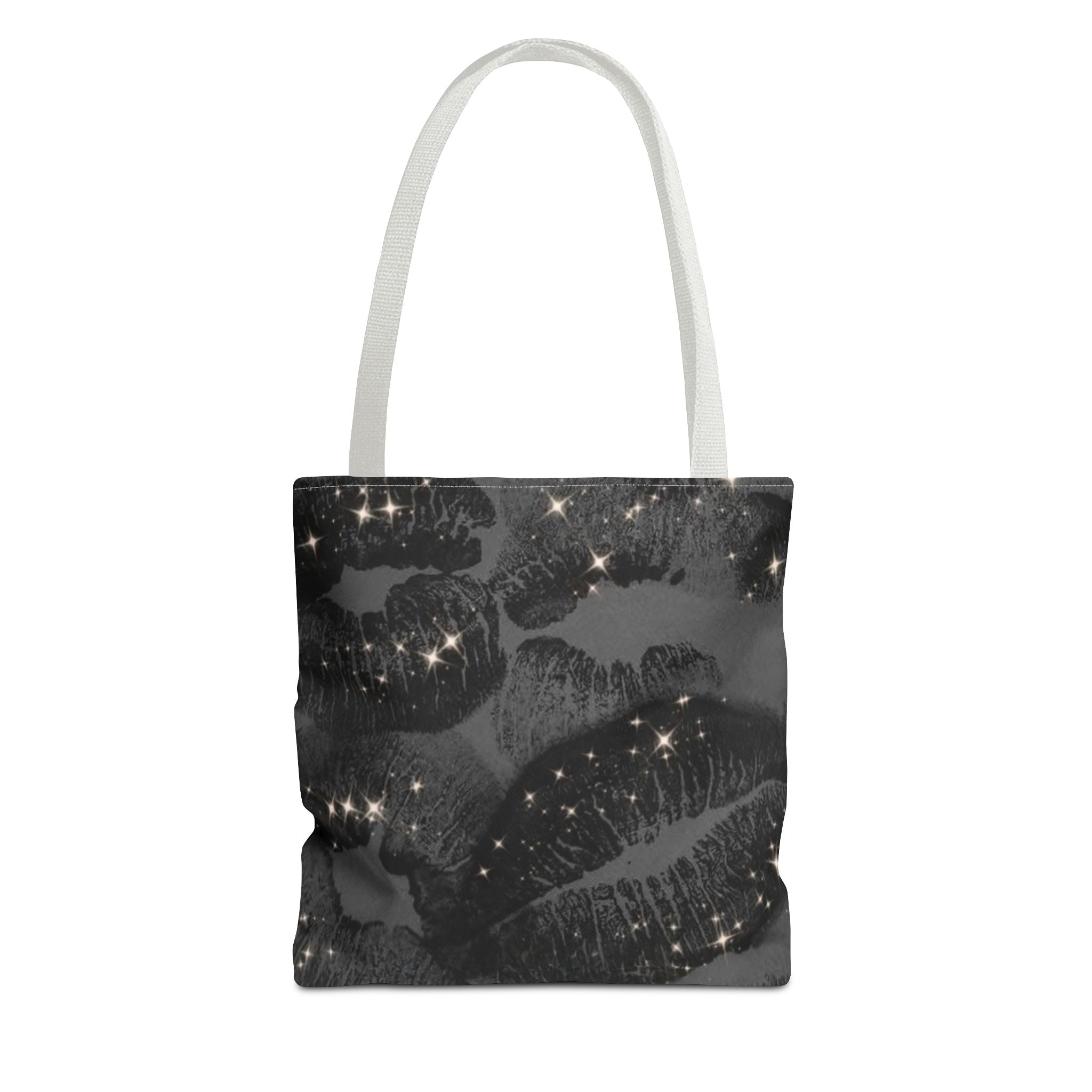 Glitter Kiss Print Tote Bag | Black Lipstick Pattern, Sparkle All-Over