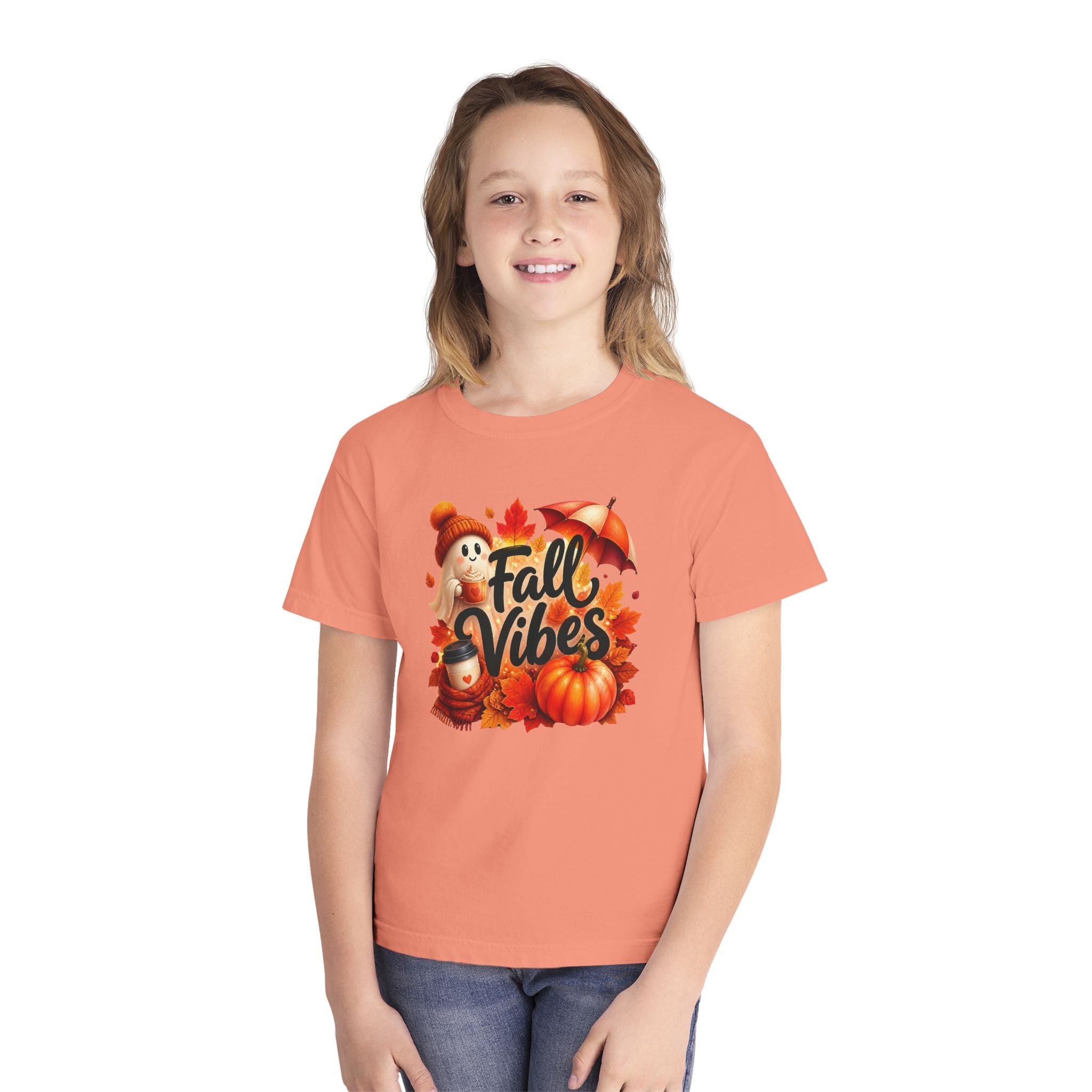 Fall Vibes Youth Tee — Cute Pumpkin, Leaves & Scarecrow Autumn Shirt