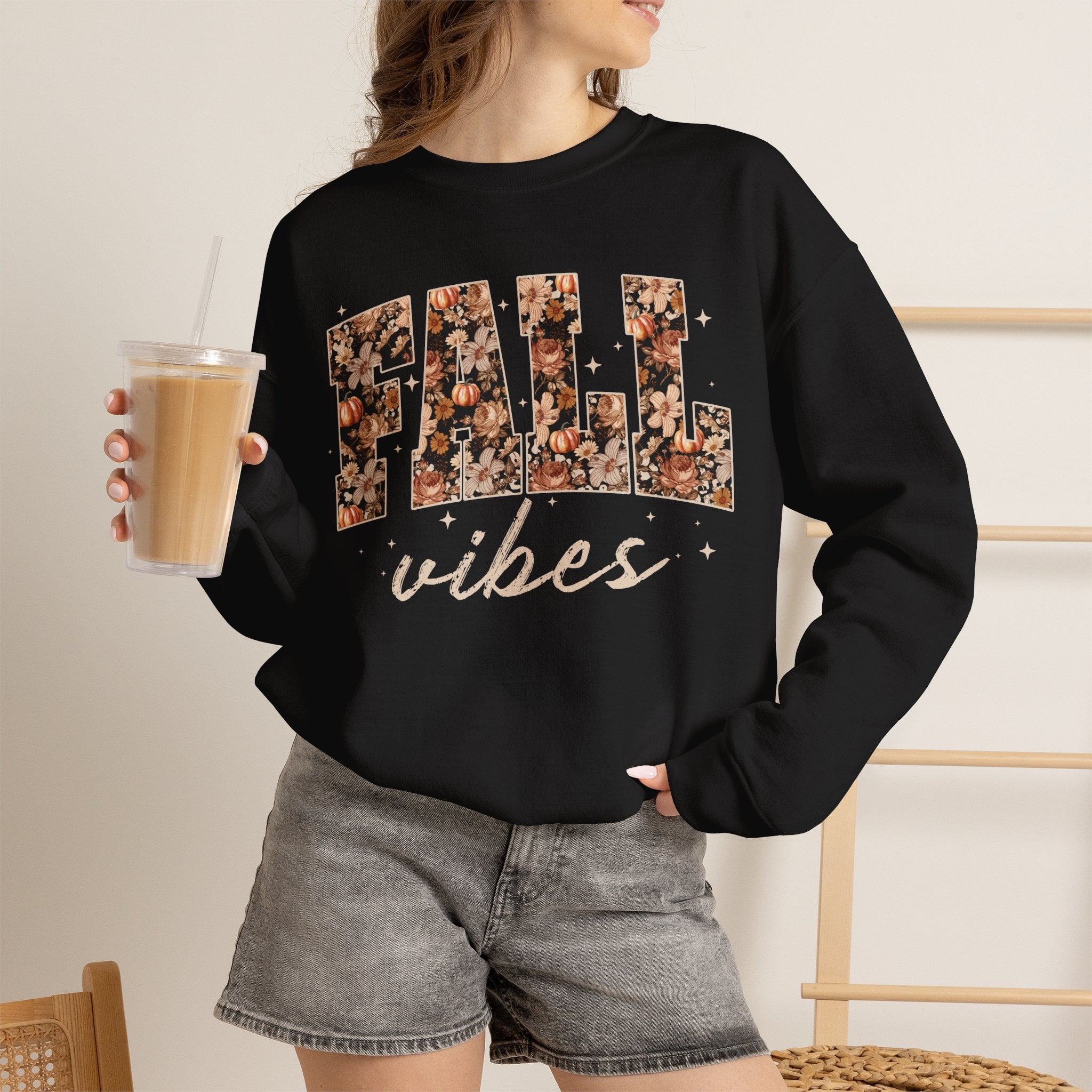 Fall Vibes Crewneck Sweatshirt — Floral Lettering Autumn Pullover