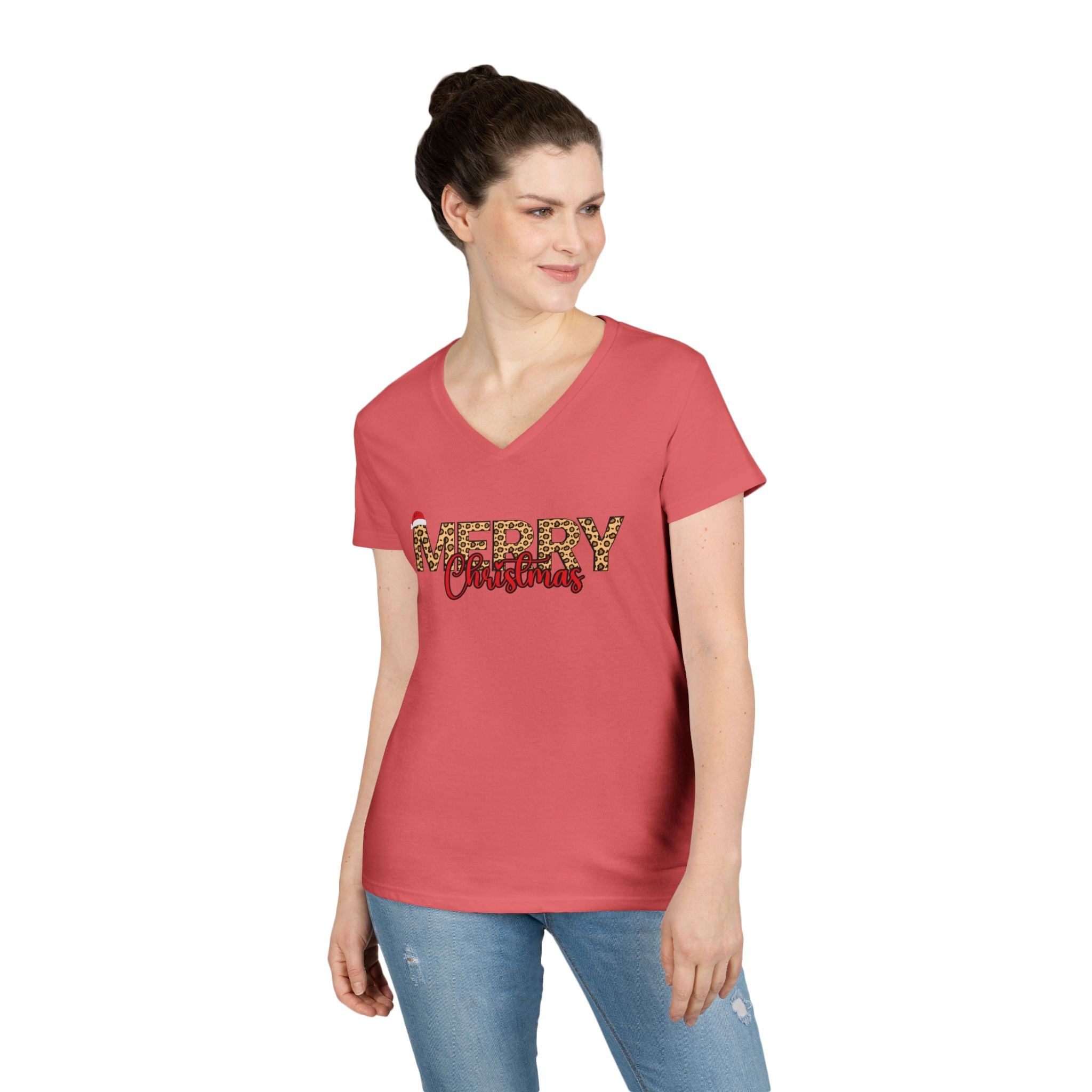 Merry Christmas Leopard Print V-Neck Tee