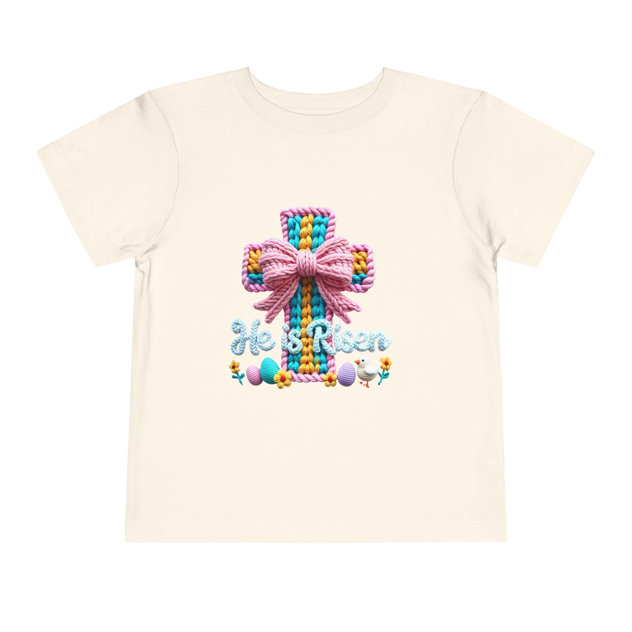Easter Cross Toddler Tee — Colorful Knit Cross with "He is Risen" & Easter Eggs