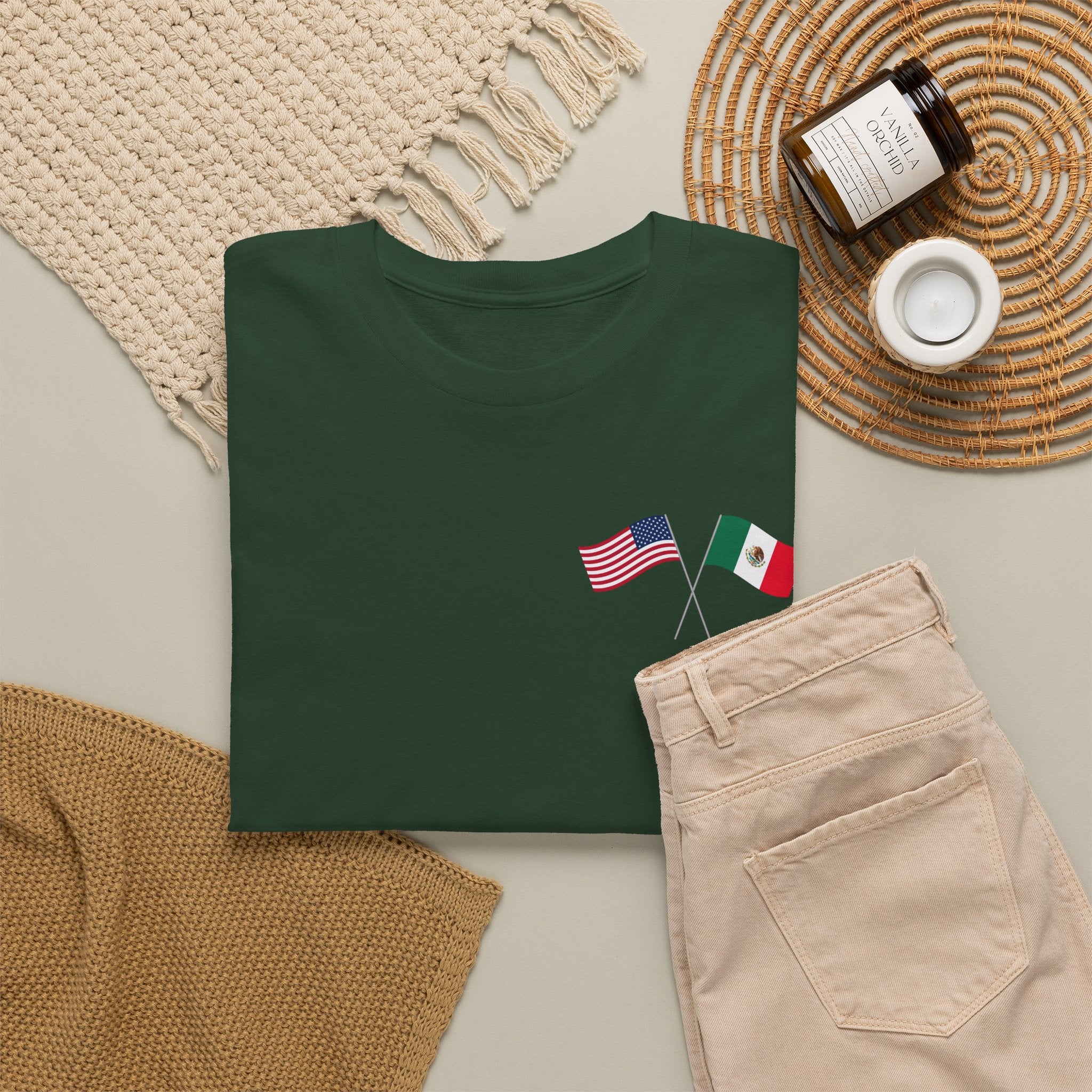 American & Italian Flag Tee with Vintage Rose Back — Patriotic Floral T-Shirt