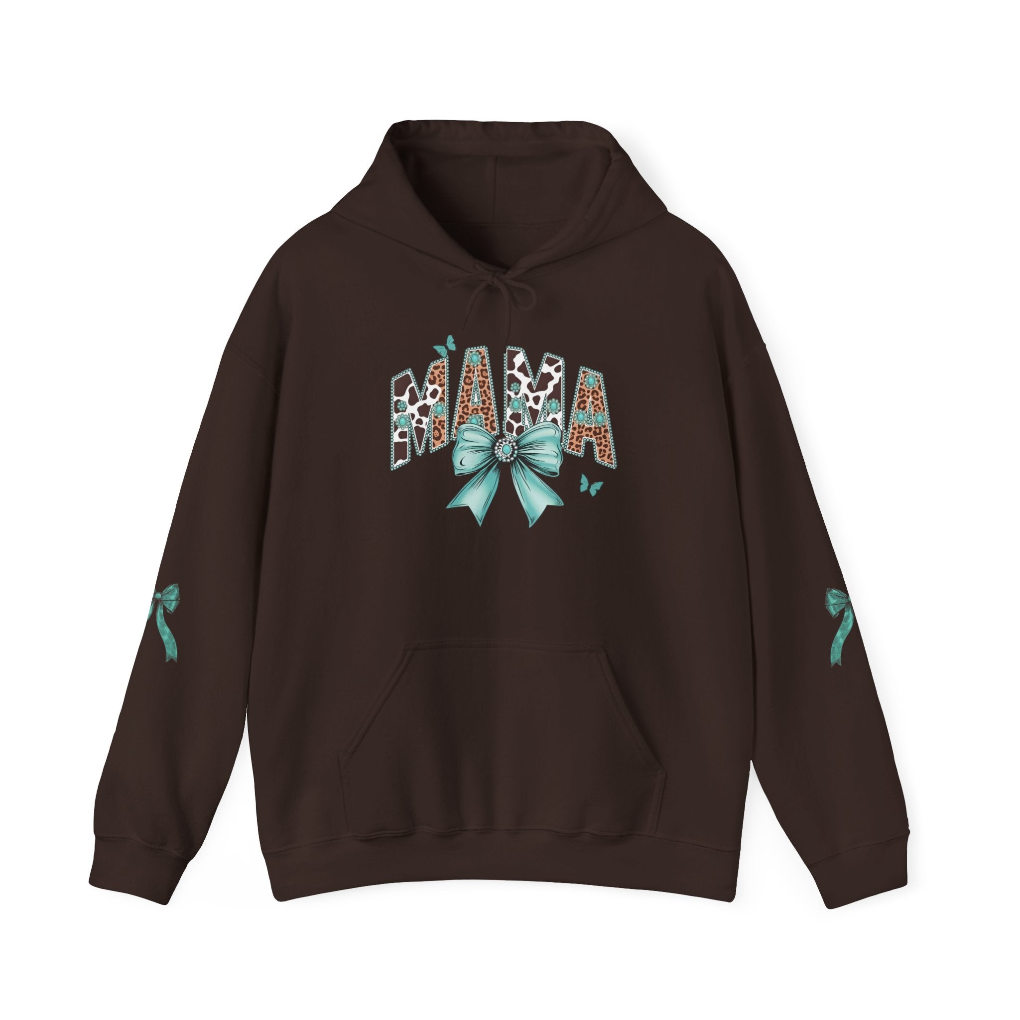 Mama Leopard Letters teal bow Hoodie | Cow print back panel, sleeve bows