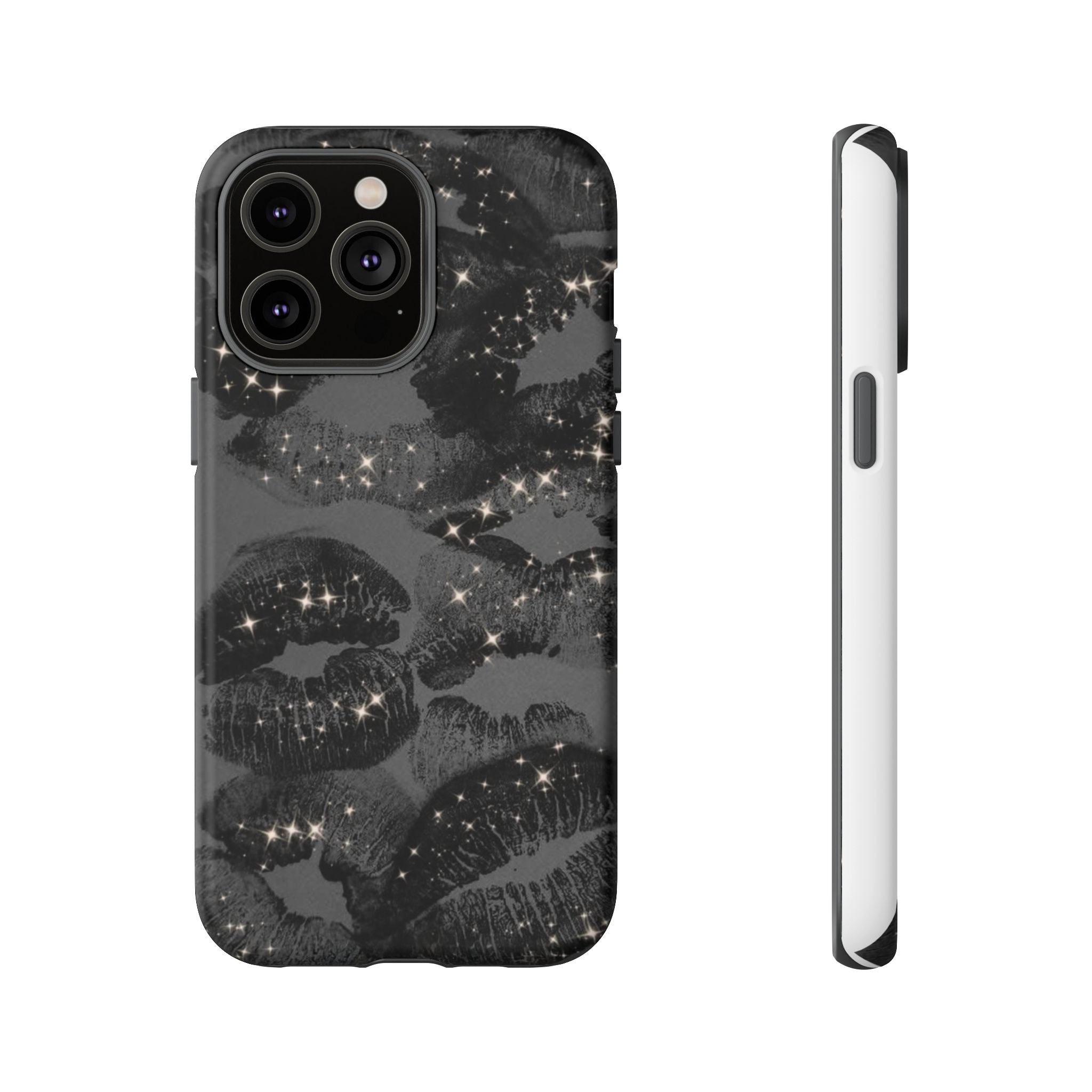 Black Glitter Kiss Phone Case — Sparkling Lip Print Protective Cover