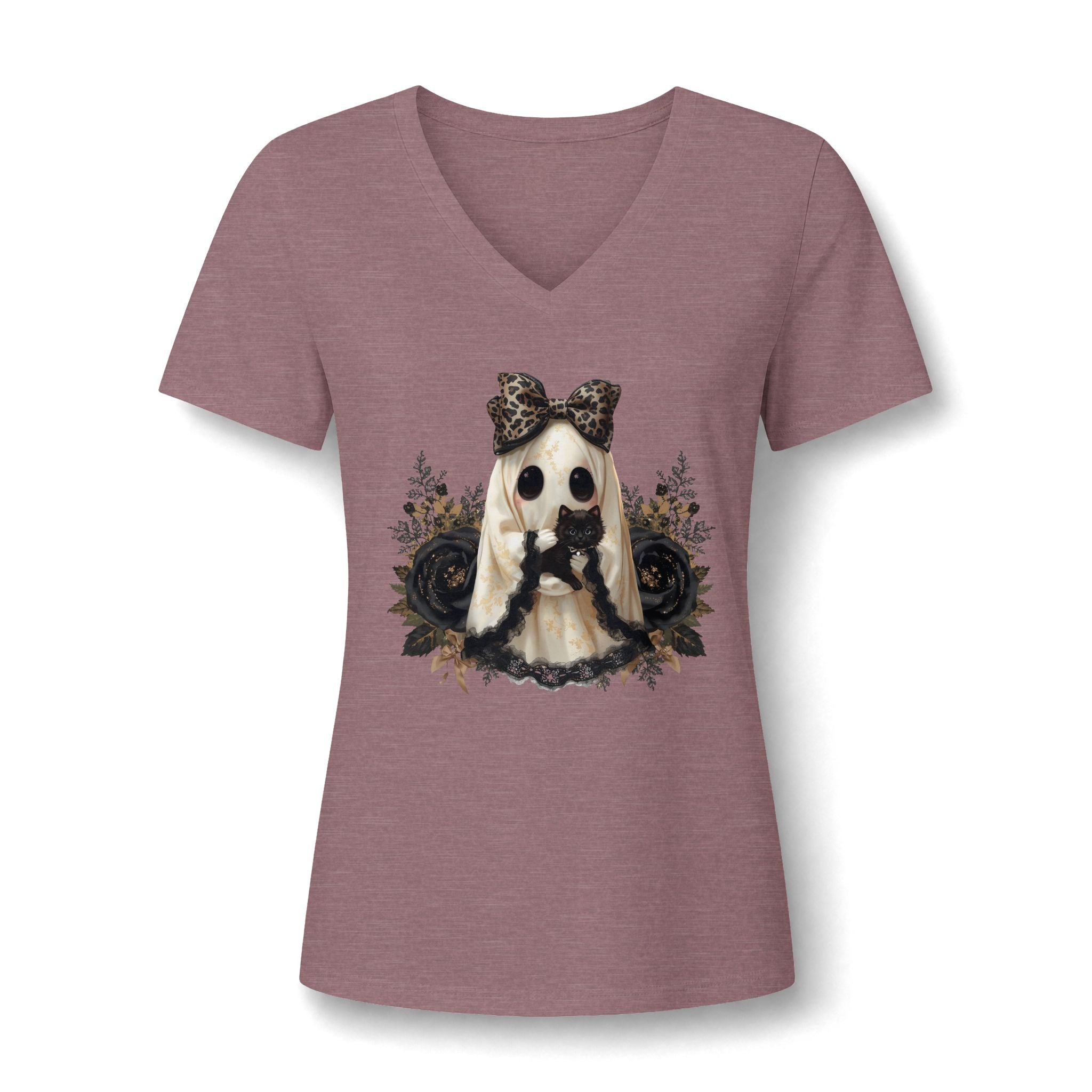 Women's V-Neck Tee — Gothic Doll with Leopard Bow Graphic