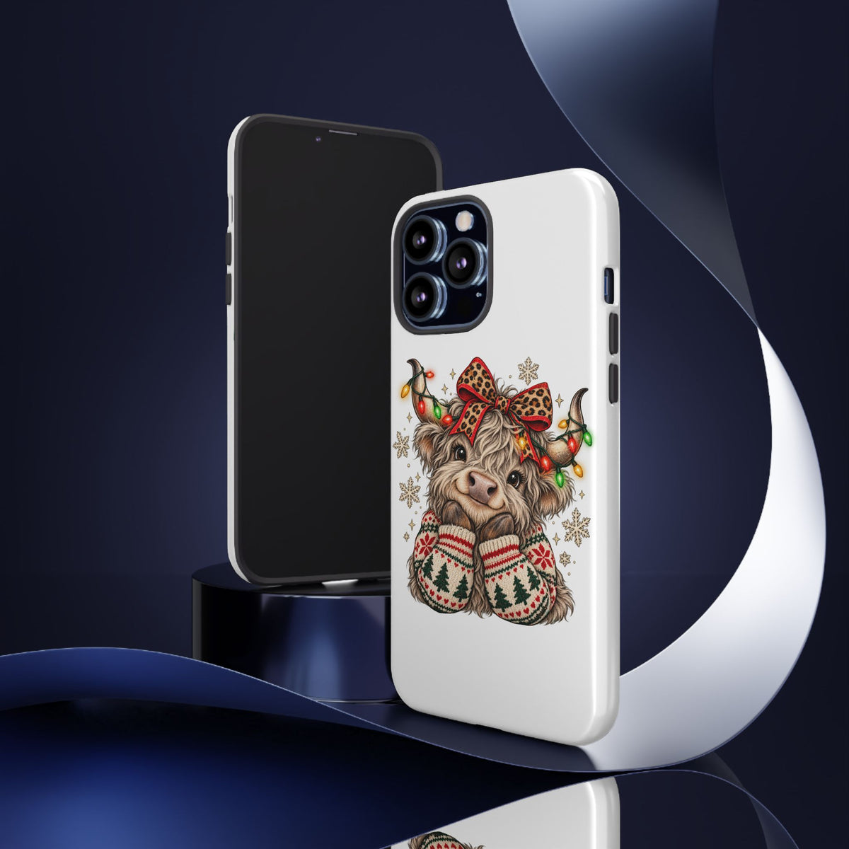 Holiday Highland Cow Phone Case – Festive Lights & Cozy Sweater Design