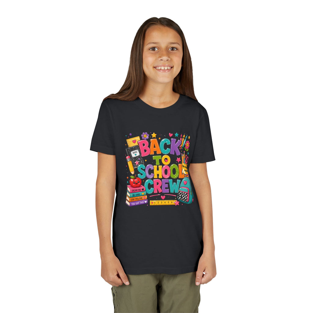 Back to School Crew Youth Tee — Colorful Kids' School Backpack & Books Graphic Shirt