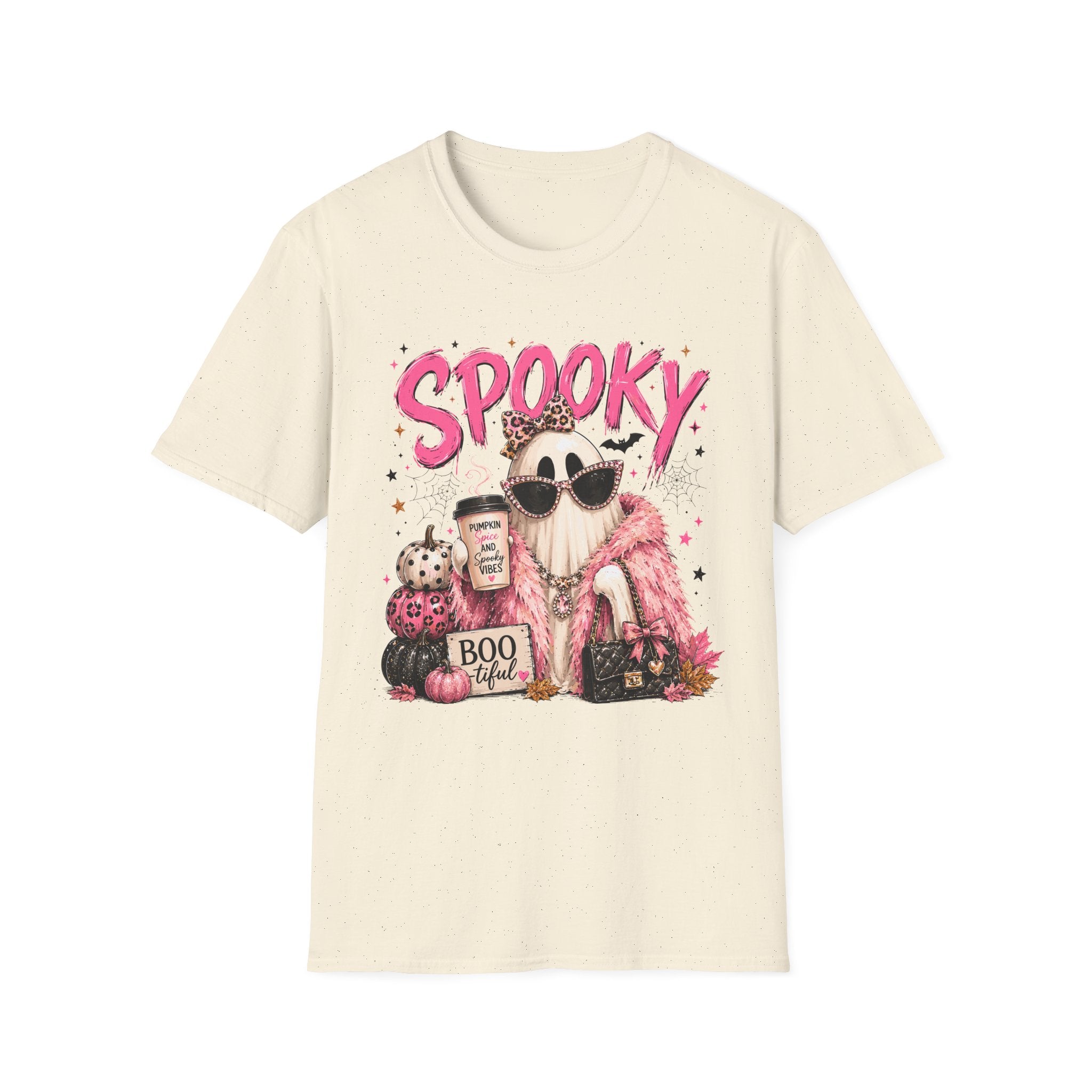 Spooky Glam T-Shirt — Cute Pink Ghost with Sunglasses & Pumpkin Latte
