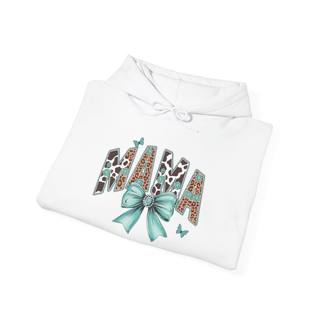 Mama Leopard Letters teal bow Hoodie | Cow print back panel, sleeve bows
