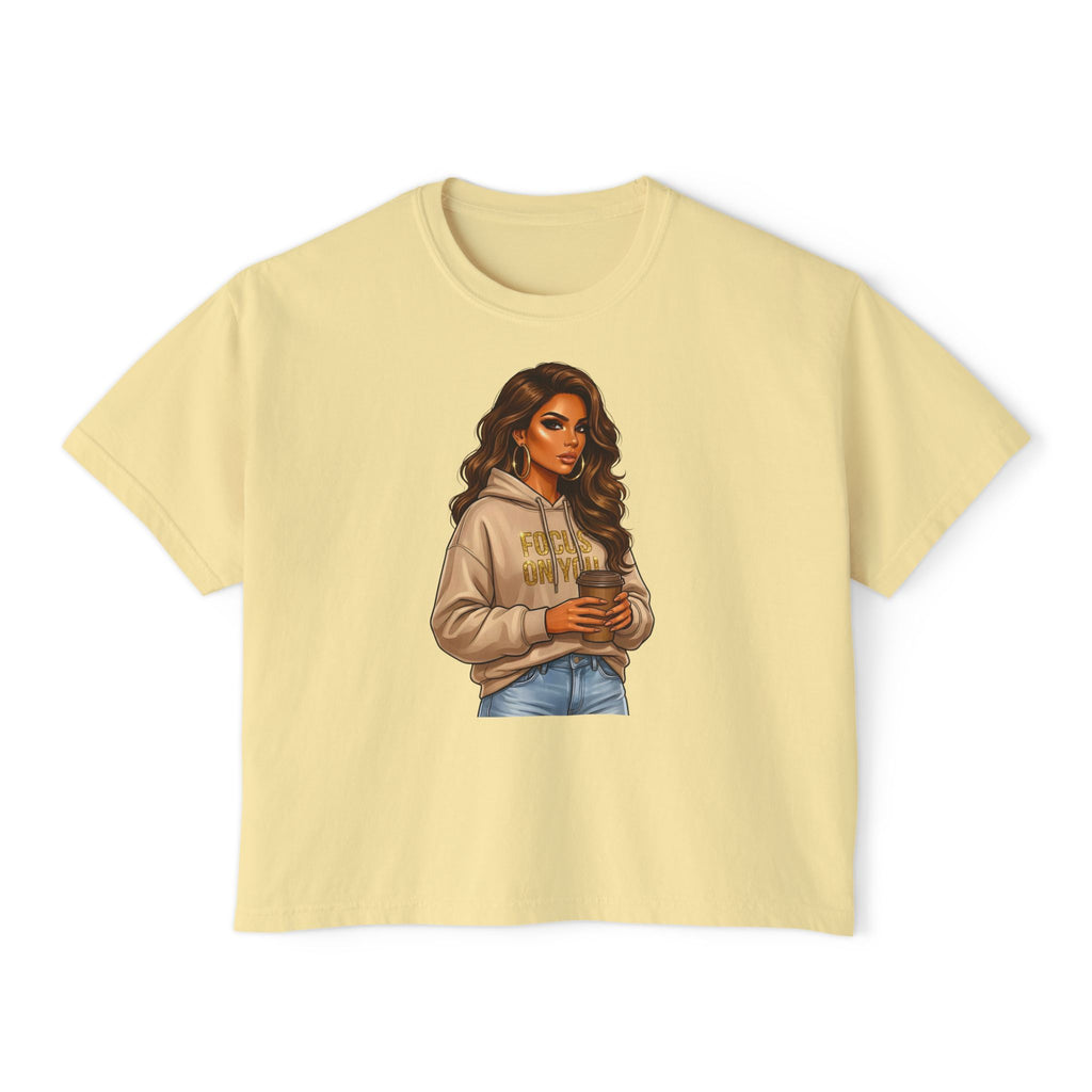 Women's Boxy Tee — Cozy Coffee Girl Graphic Crop T-Shirt