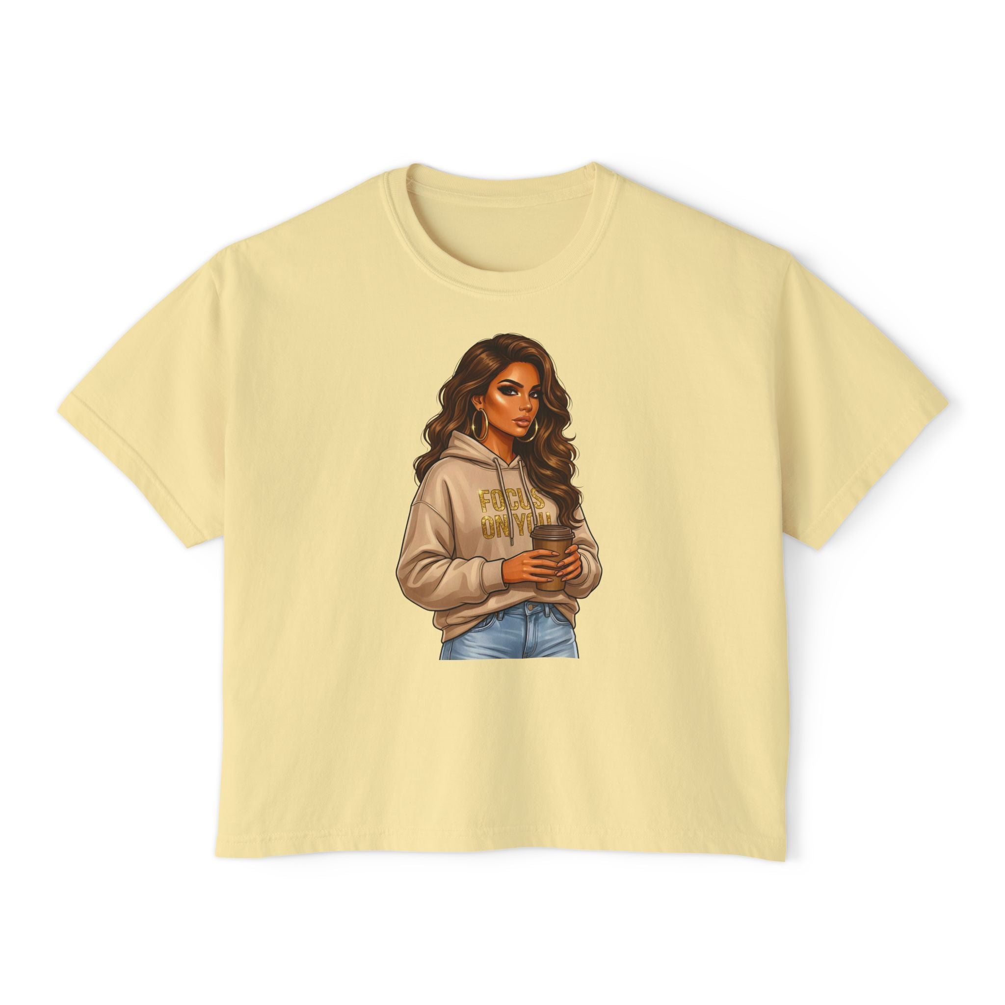 Women's Boxy Tee — Cozy Coffee Girl Graphic Crop T-Shirt