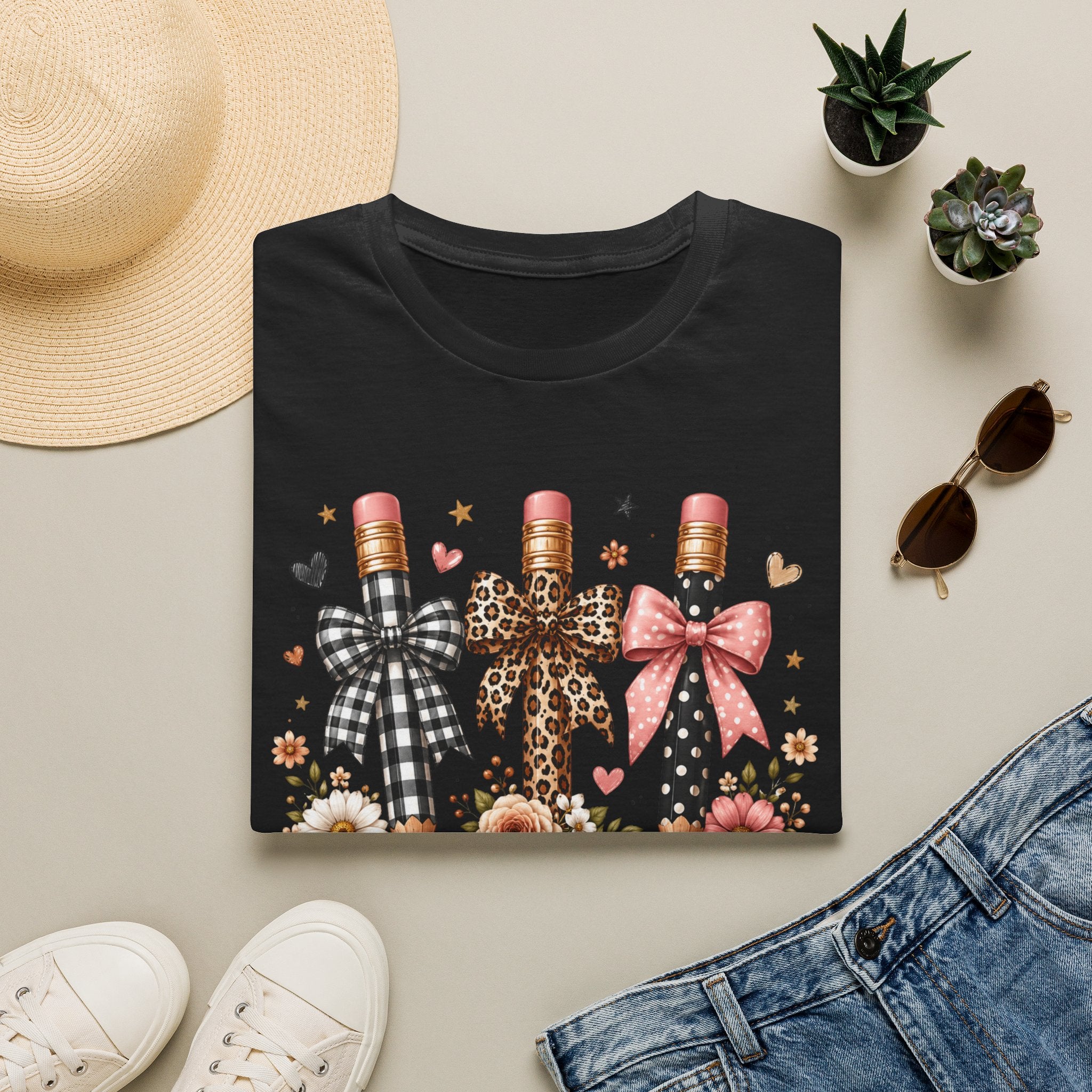 Teacher Pencil Bows T-Shirt — Cute Floral Teacher Appreciation Tee