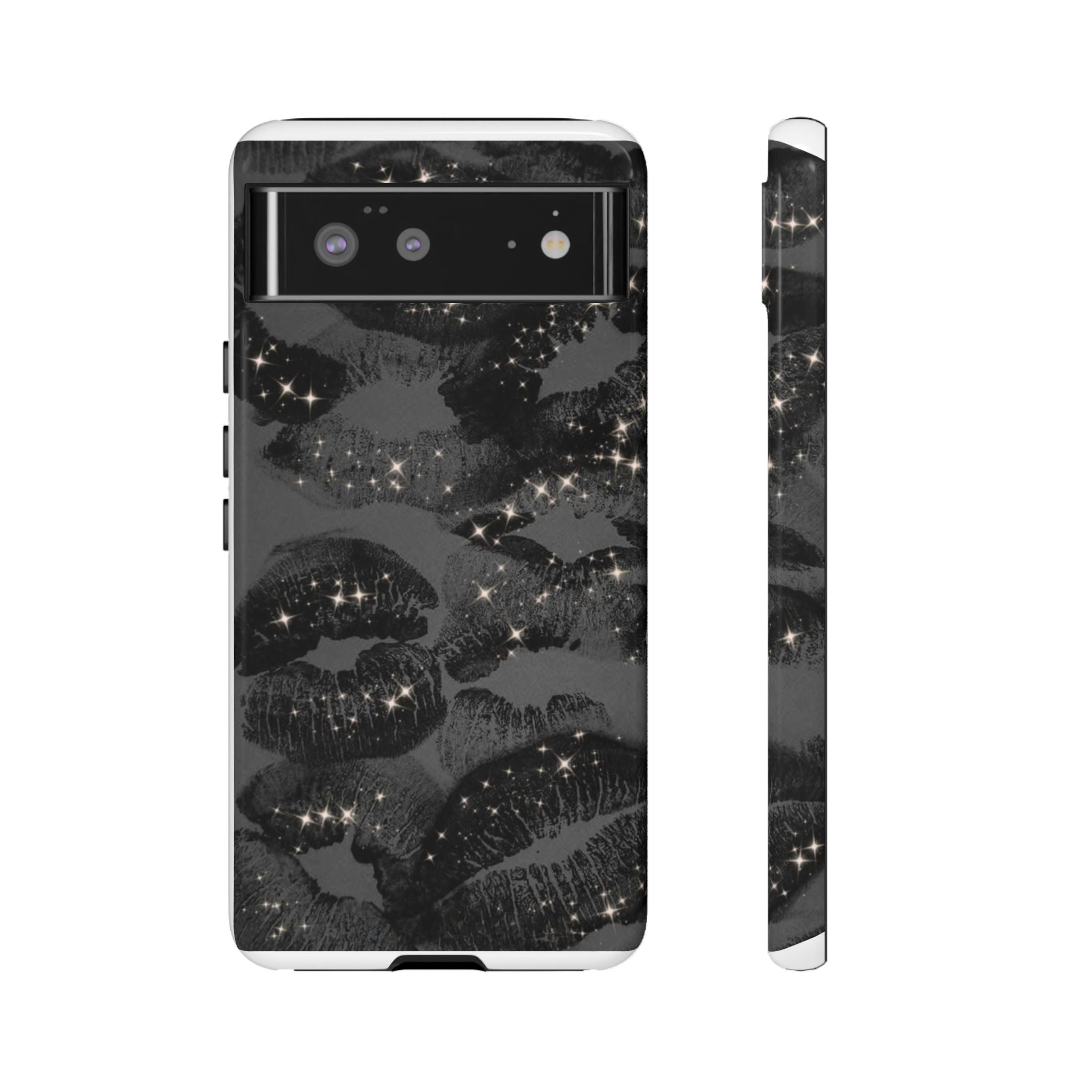 Black Glitter Kiss Phone Case — Sparkling Lip Print Protective Cover