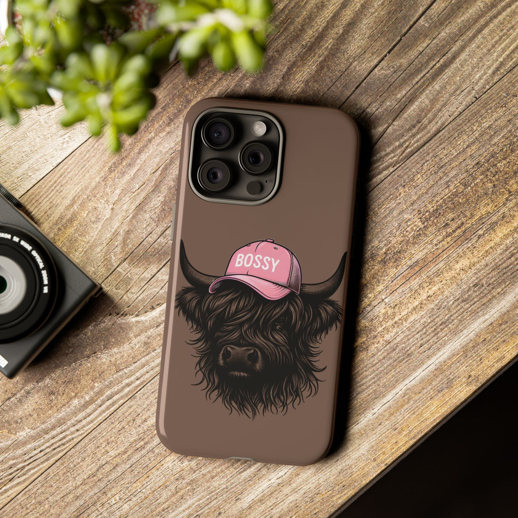Phone Case — Highland Cow Wearing 'BOSSY' Pink Hat, Cute Farm Animal Protective Cover
