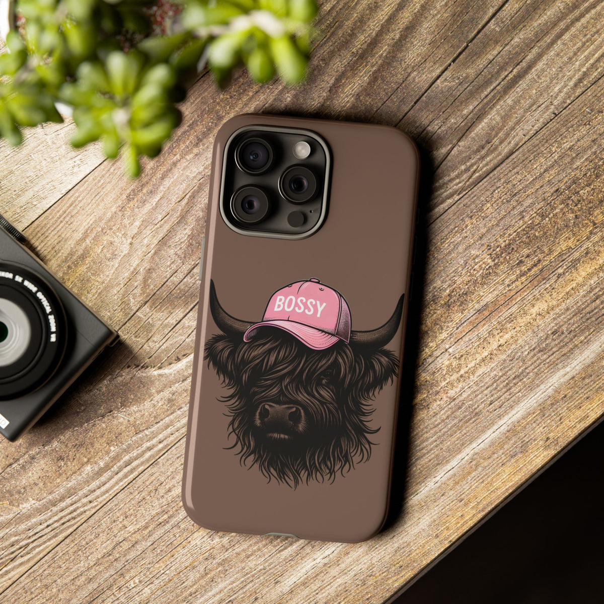 Phone Case — Highland Cow Wearing 'BOSSY' Pink Hat, Cute Farm Animal Protective Cover