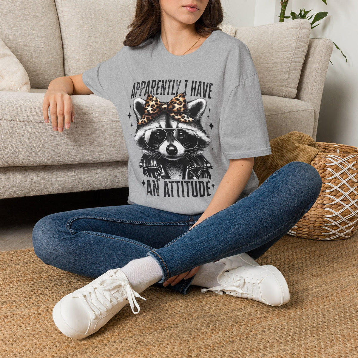 T-Shirt — "Apparently I Have An Attitude" Raccoon Graphic Tee (Leopard Bow)