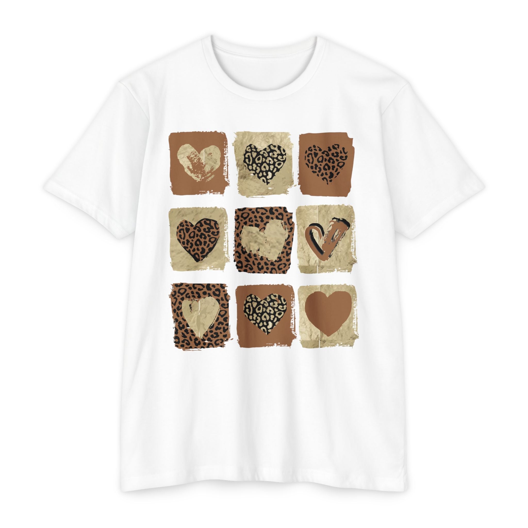 Leopard Hearts T‑Shirt — Neutral Animal Print Heart Grid Tee
